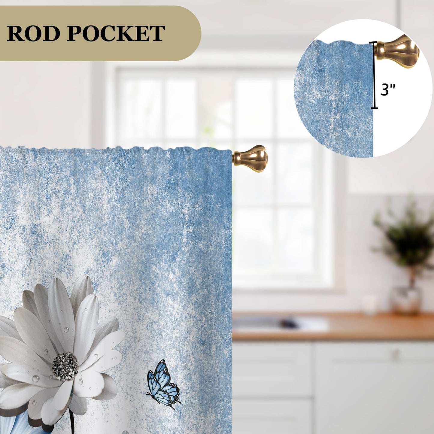 Cizuug Rustic Blue Daisy Floral Kitchen Curtains Farmhouse Flower Small Short Cafe Window Curtains Butterfly Country Rod Pocket Bathroom Window Drapes Treatment Tier Curtains 2 Panels (27.5x39 Inch)
