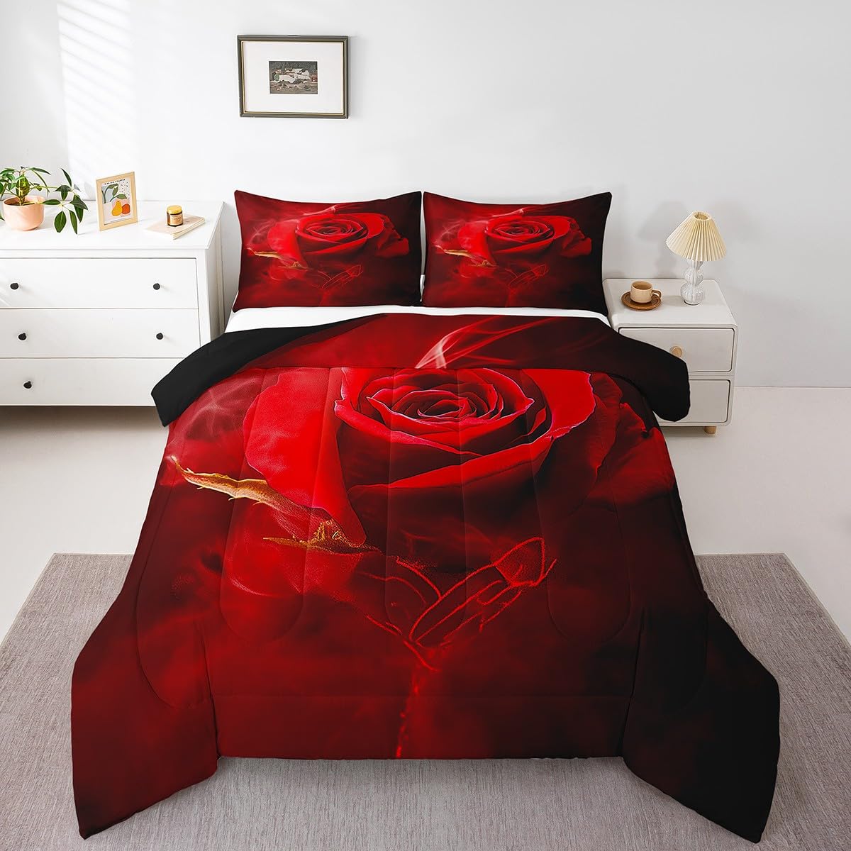 Erosebridal Valentine's Day Comforter Set Queen,Black Red Rose Floral Bedding Sets for Girls Women,Elegant Flowers 3D Print Quilt Set Soft Luxury Microfiber 3Pcs Quilted Comforter with 2 Pillow Shams