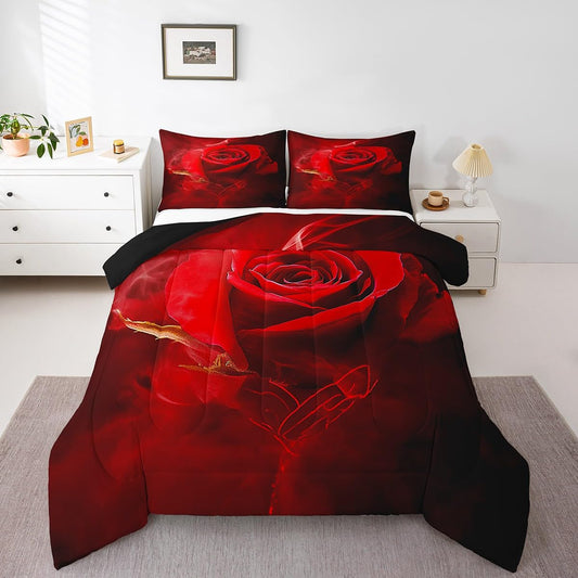 Erosebridal Valentine's Day Comforter Set Queen,Black Red Rose Floral Bedding Sets for Girls Women,Elegant Flowers 3D Print Quilt Set Soft Luxury Microfiber 3Pcs Quilted Comforter with 2 Pillow Shams