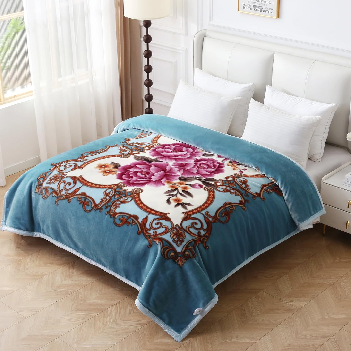 JYK Korean Style Mink Fleece Blanket Queen Size 75" x 87", 5 Pounds - 2 Ply Reversible Silky Soft Plush Warm, Comfy Blanket for Spring Autumn, Winter as Home Decor - Blue/Purple Peony