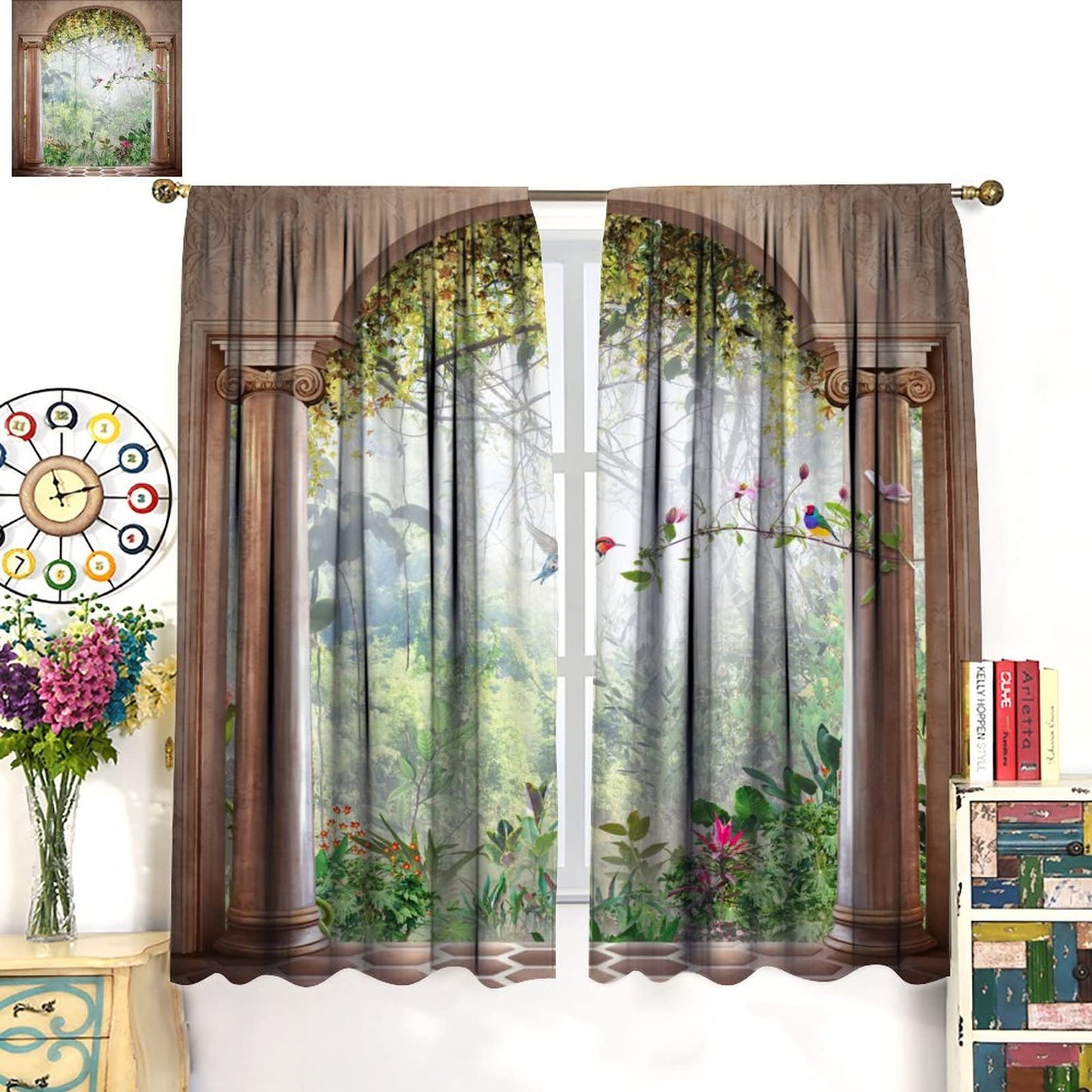 Italian Curtains,Tropical Scenery Plant Birls Arch View Room Darkening Door Window Rod Pocket Curtain for Living Room Bedroom Kitchen Bathroom W42xL45in