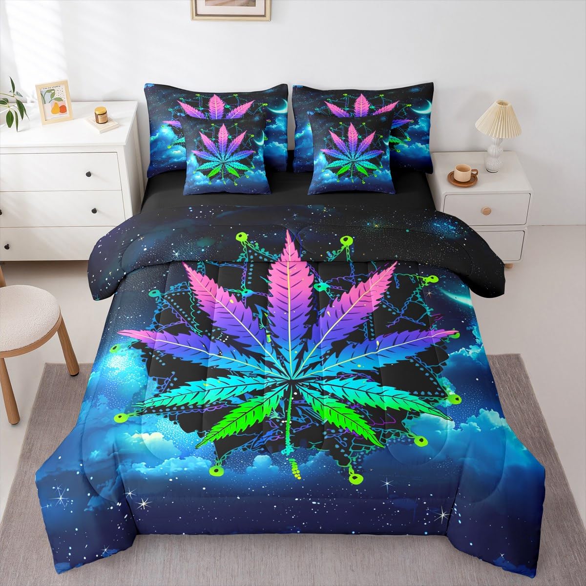 Erosebridal Leaves Twin Comforter Set 7 Pieces, Bohemian Mandala Bed in A Bag, Leaf Bedding Set with Comforters, Sheets, Pillowcases Galaxy Starry Sky Bedroom Decor