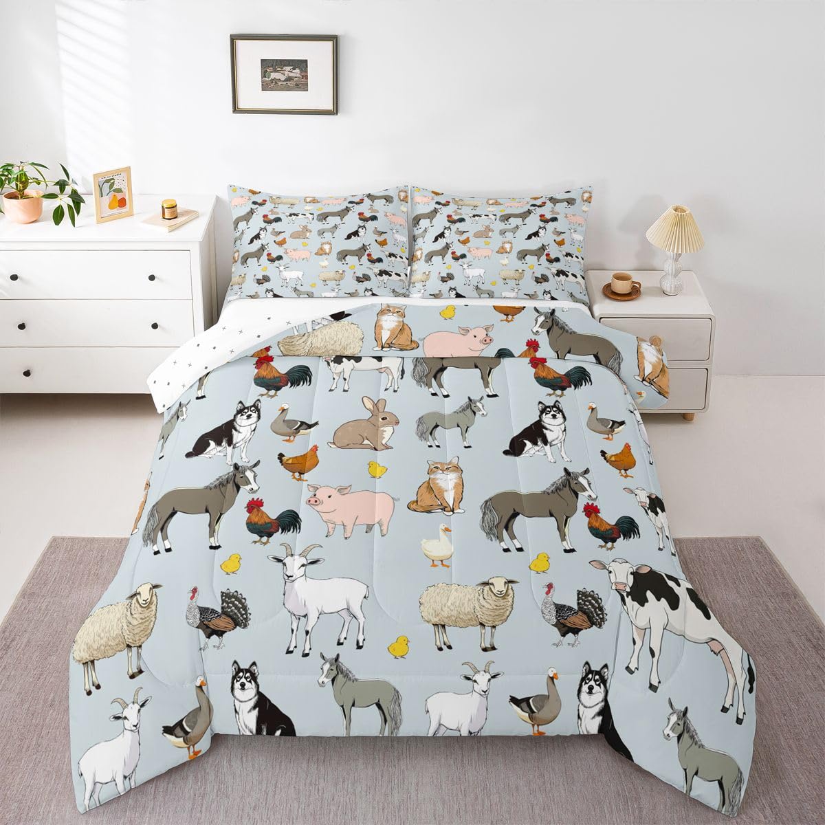 Feelyou Light Blue Farm Animal Comforter Set Toddler Size Cute Animal Bedding Set for Kids Boys Girls Farm Theme Duvet Quilt Cartoon Bedroom Decor 2 Pcs with 1 Pillow Cases