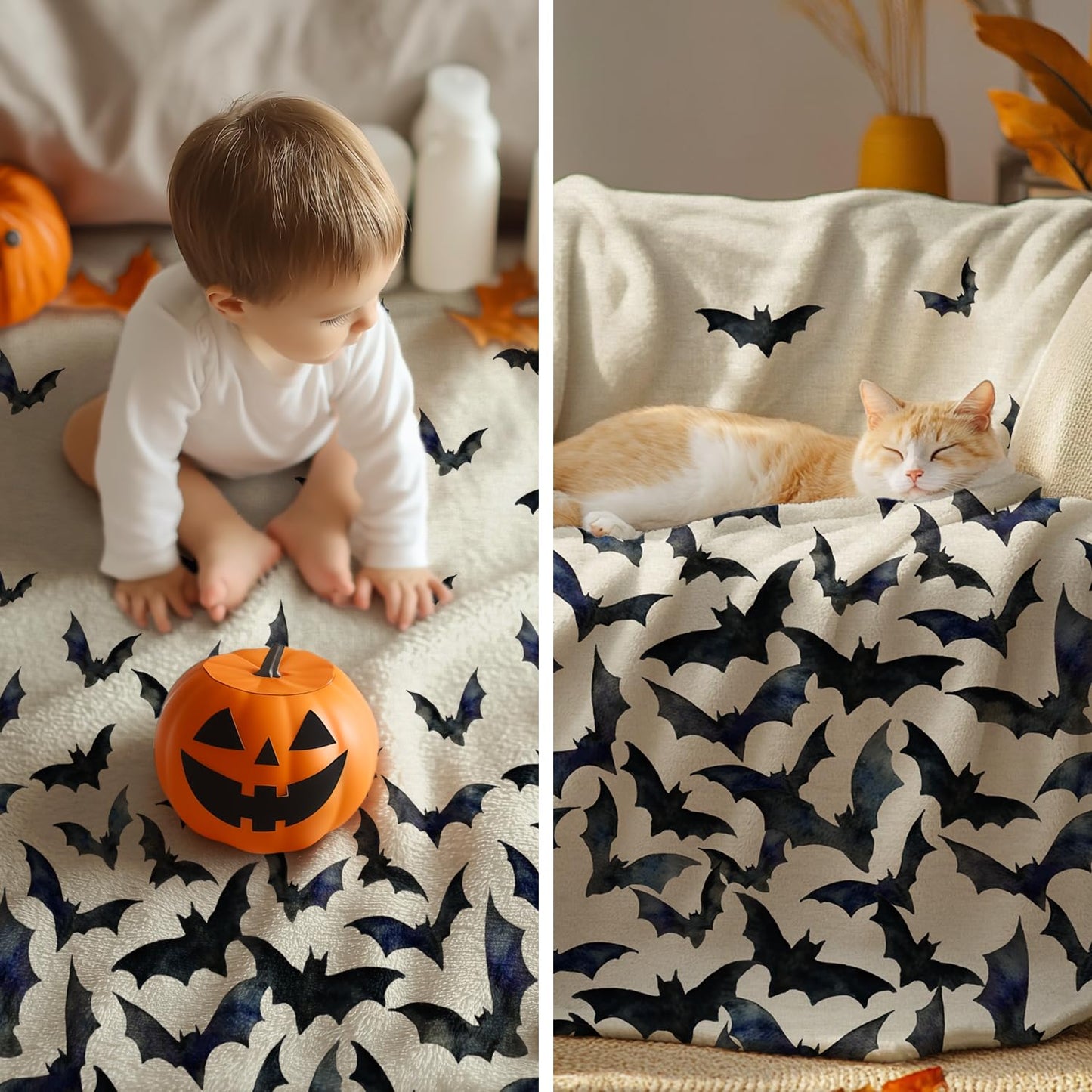 Horaldaily Halloween Flannel Blanket Throw, Bats Beige Soft Fuzzy Plush Cozy Fleece Blankets for Couch Sofa Bed Lounging, Ideal Gifts for Kids Adults Wife Self, 60x80