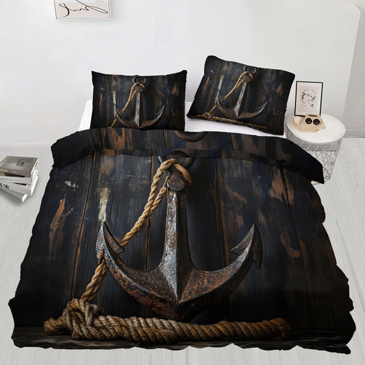 PAISUOQ Anchor Duvet Cover, Rustic Wood Grain Bedding & Duvet Cover King, Vintage Nautical Comforter Set with Zipper, 3 Pieces with 2 Pillowcases, Bedroom Decor & Gifts
