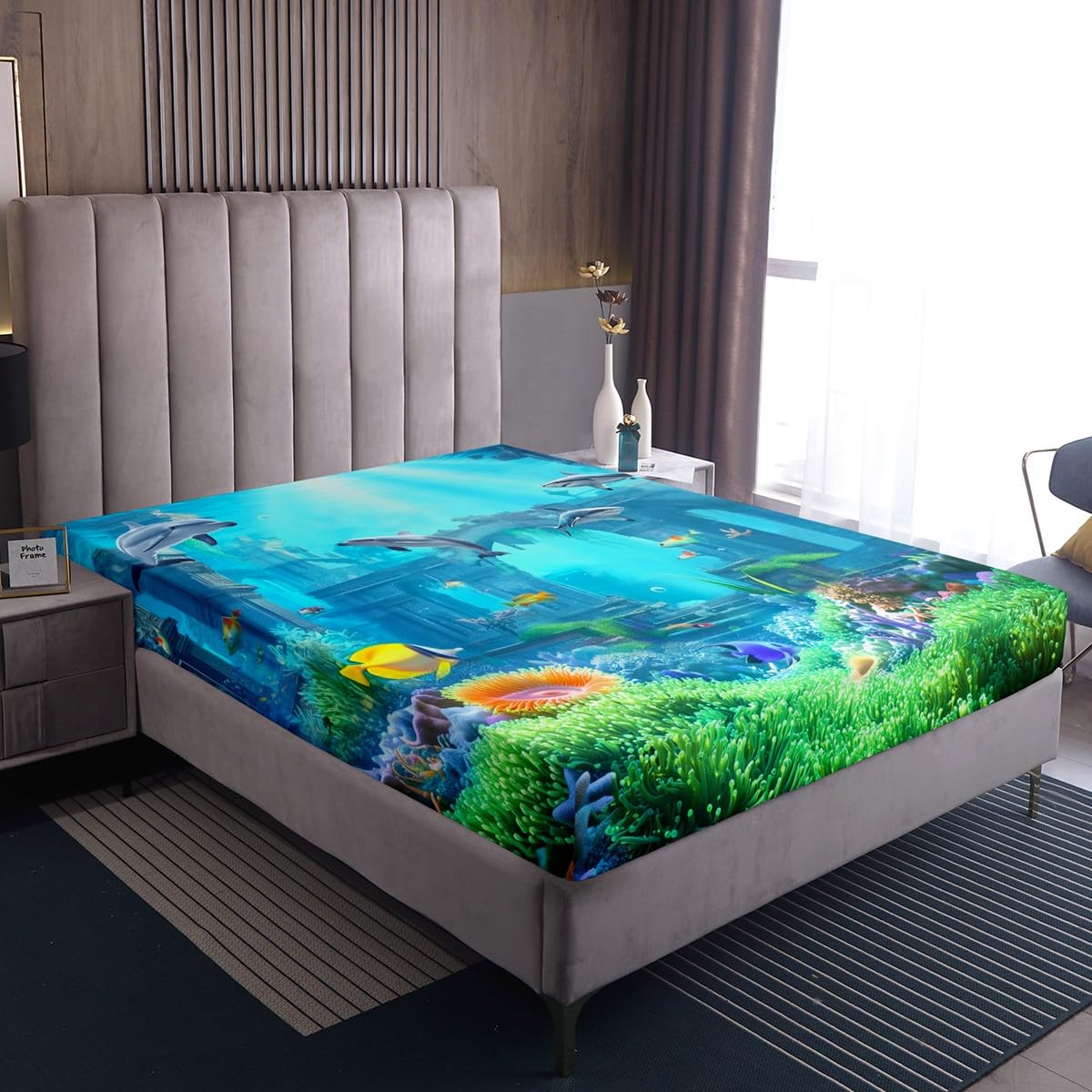 Erosebridal 3D Underwater World Bed Sheets Beach Fish Sea Blue Sheet Set Full Size, Shark Dolphin Fitted Sheet for Kids Child, Jellyfish Starfish Flat Sheet Tropical Sealife Bedroom Decor