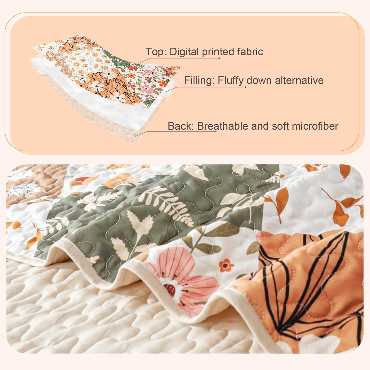 Whale Flotilla Patchwork Quilt King Size, Extra Soft Boho Floral Bedspreads for Bed Reversible Lightweight King Quilt Bedding Set Printed Coverlets with 2 Pillow Shams for All Seasons, Orange