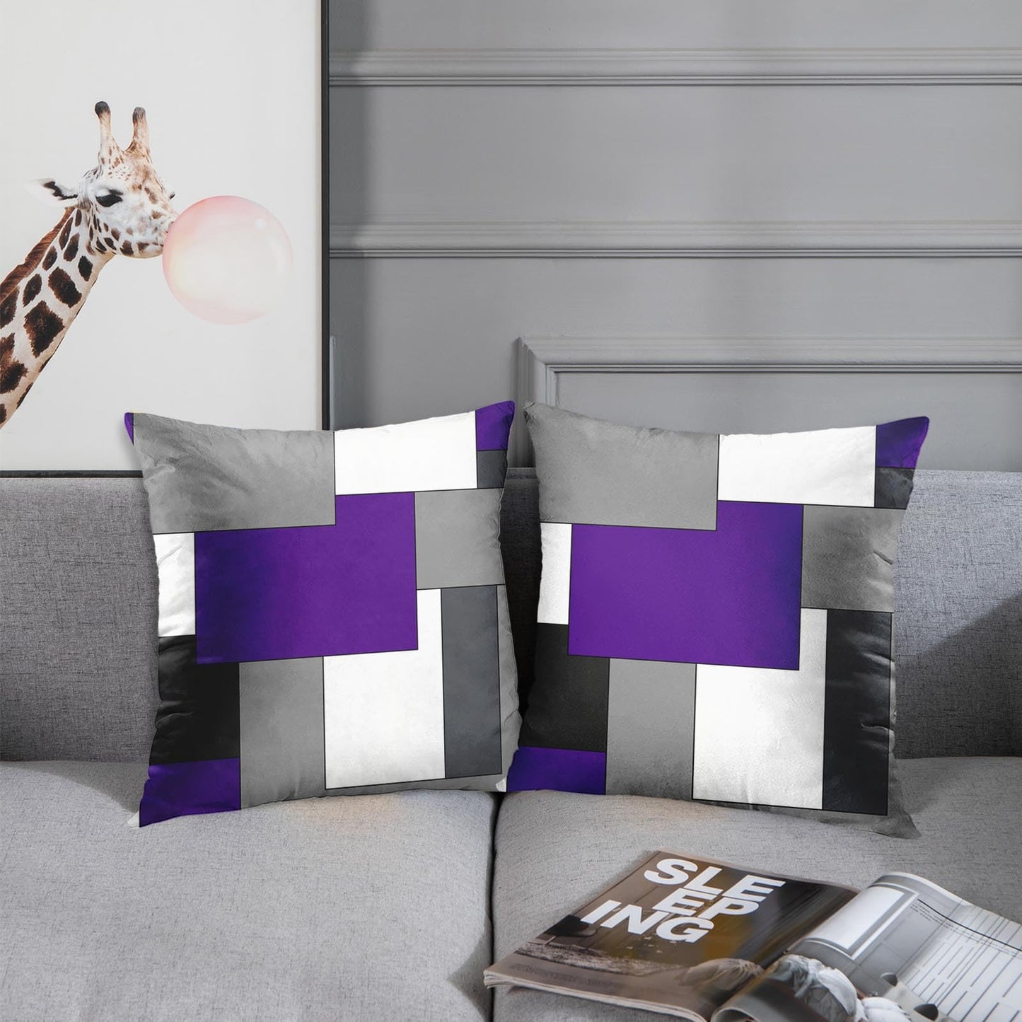 Emvency Set of 2 Purple Geometric Throw Pillow Cover Black Grey White Painting Abstract Checkered Design Decorative Pillow Case Modern Home Decor Standard Square 18x18 Inch Cushion Pillowcase