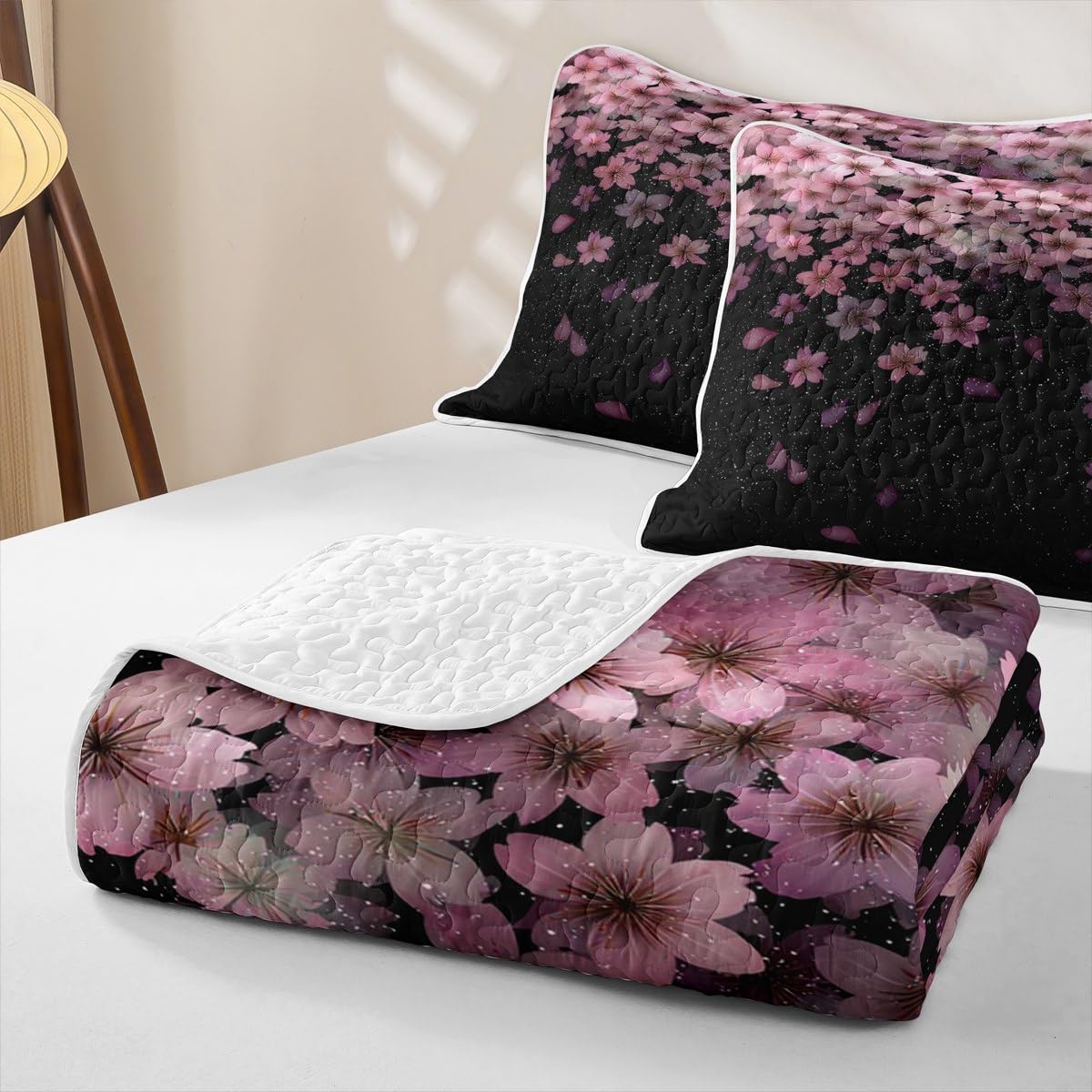 Erosebridal Cherry Blossom Quilt Set Full Pink Flower Quilt Petal Floral Bedding Coverlet Starry Sky Girly Bedspread with 2 Pillowcases