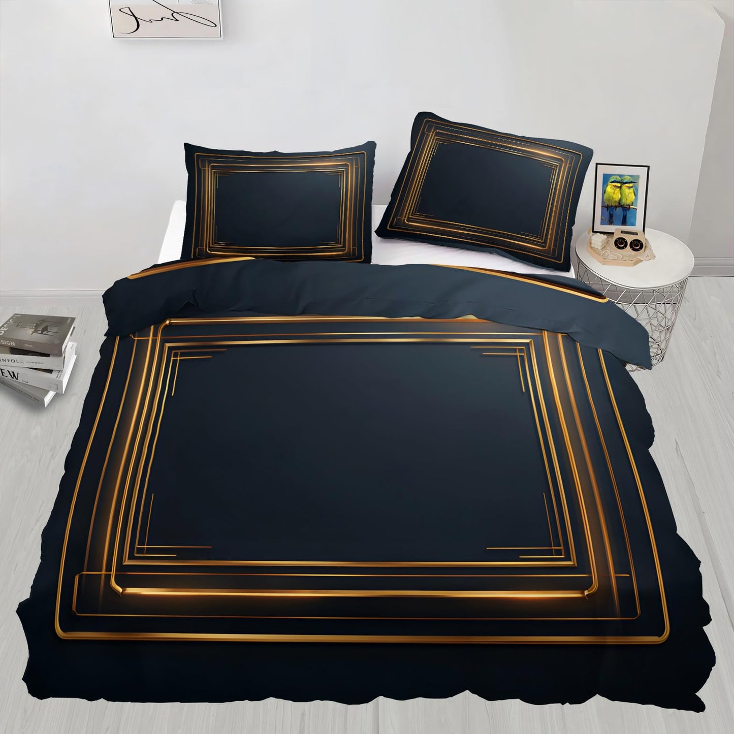 ZAOMIR Gold Geometric Duvet Cover Twin Size, Stripes Bedding Set 3 Piece, Minimalist Dark Blue Patterned Comforter Cover with Zipper Soft Microfiber, 2 Pillowcases