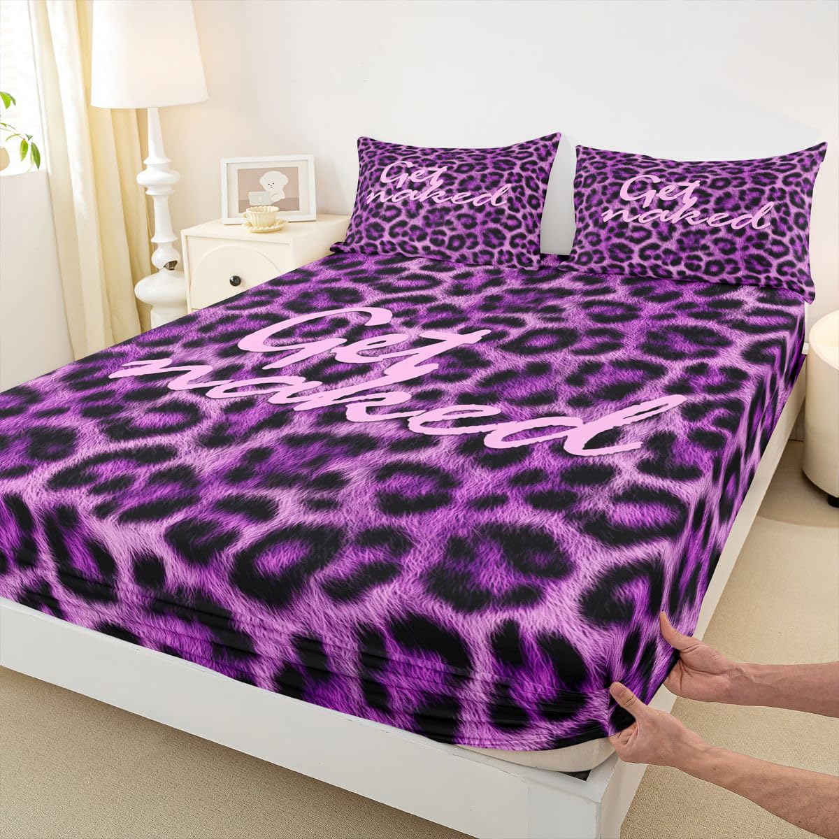 Feelyou Leopard Print Get Naked Fitted Sheet with 2 Pillowcases Full Size Funny Quotes Bed Sheets Set 16" Deep Pocket Boys Girls Purple Bedding Cheetah Teens Bedroom Decor Soft Microfiber
