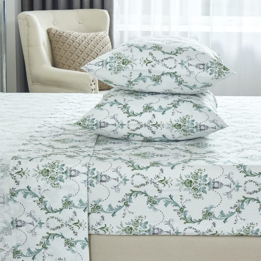 DAUAOTO 100% Cotton Bedding Printed Sheets Set for Full Size Bed Up to 14" Deep Mattress, Botanical Vines Pattern Bedlinen Sets, Green