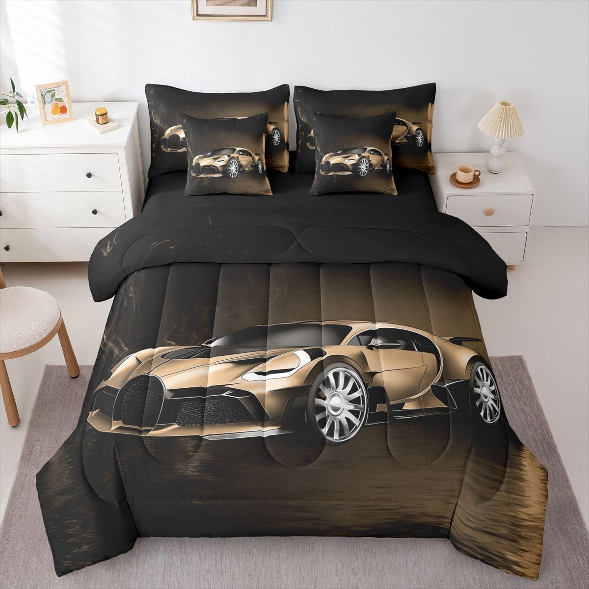 Feelyou Sports Car 7 Piece Bedding Set Brown Race Car Comforter Set with Sheets for Kids Boys Girls Extreme Sports Bed in a Bag Cool Speed Luxury Car Decor Quilt with 2 Pillowcases Full