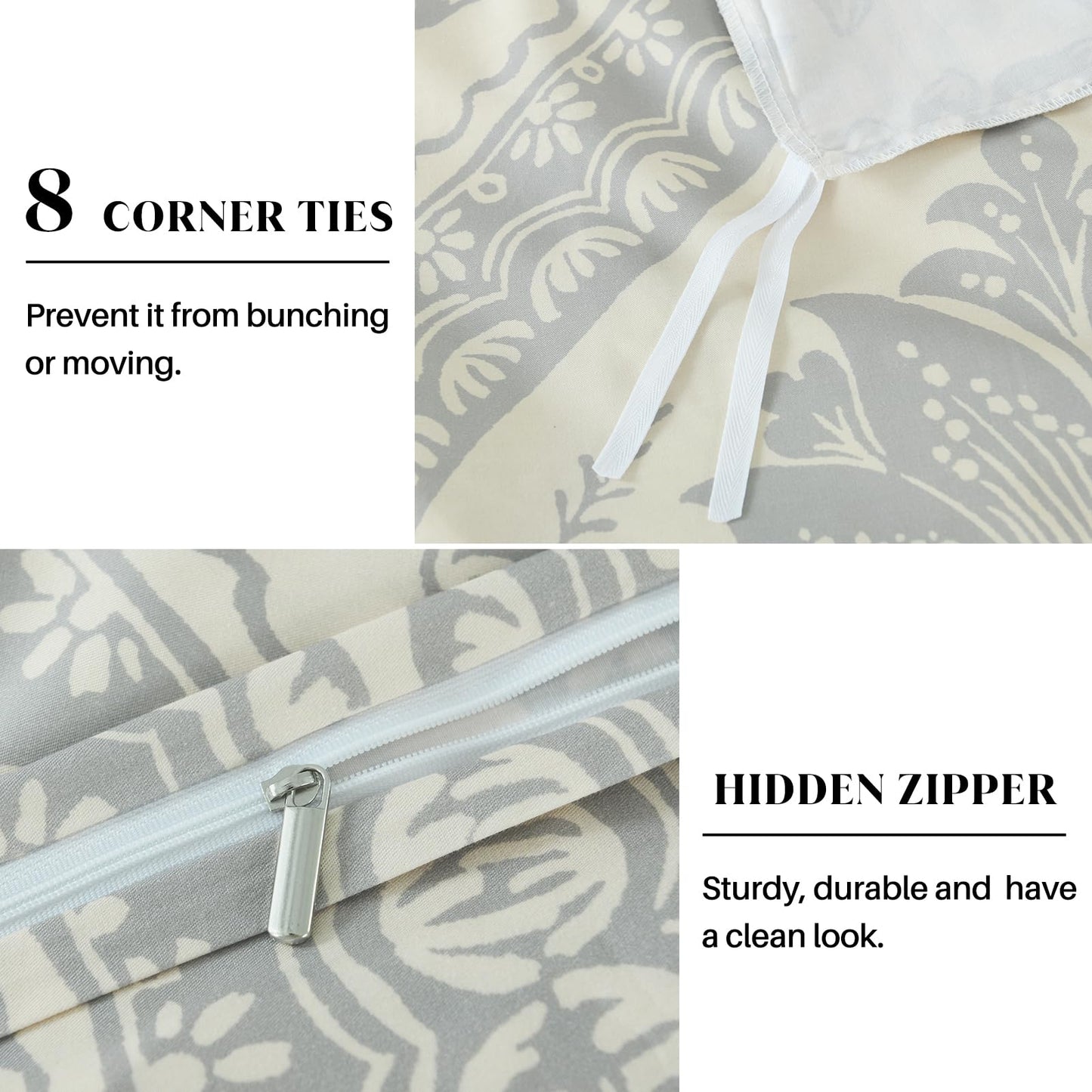 CozyDH Cotton Duvet Cover King - 100% Cotton 400 Thread Count Beige Duvet Cover Set King Size, Soft and Breathable Floral Damask Paisley King Bedding Set for All Season (King, 104"x90", NO Comforter)