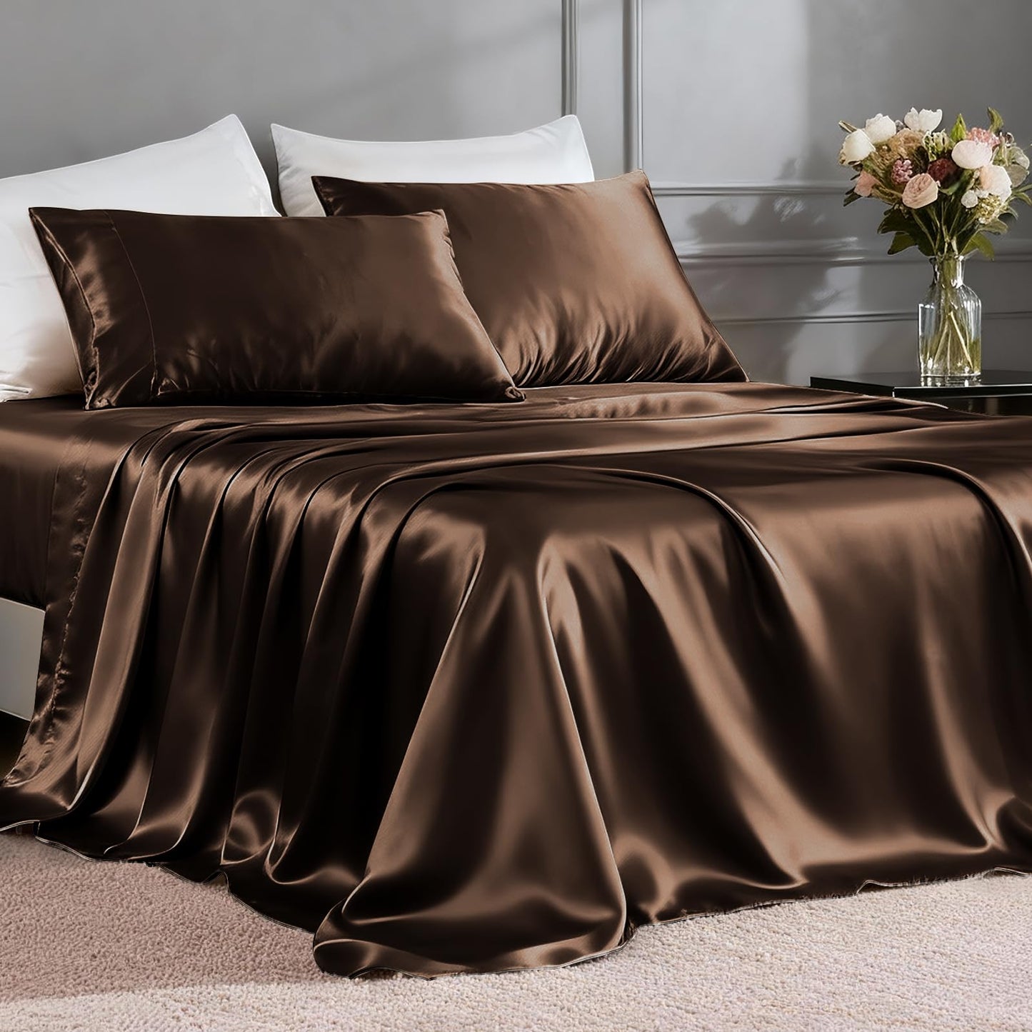 FreshCulture Satin Sheets Full Size - 4 Piece Luxury Soft Silky Full Size Bed Sheets, Similar to Silk Bed Sheet Set with 1 Deep Pocket Fitted Sheet, 1 Flat Sheet & 2 Pillowcases (Brown)