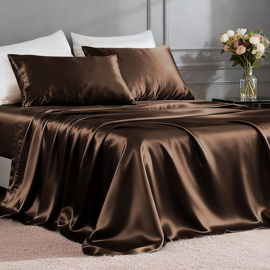 FreshCulture Satin Sheets Full Size - 4 Piece Luxury Soft Silky Full Size Bed Sheets, Similar to Silk Bed Sheet Set with 1 Deep Pocket Fitted Sheet, 1 Flat Sheet & 2 Pillowcases (Brown)