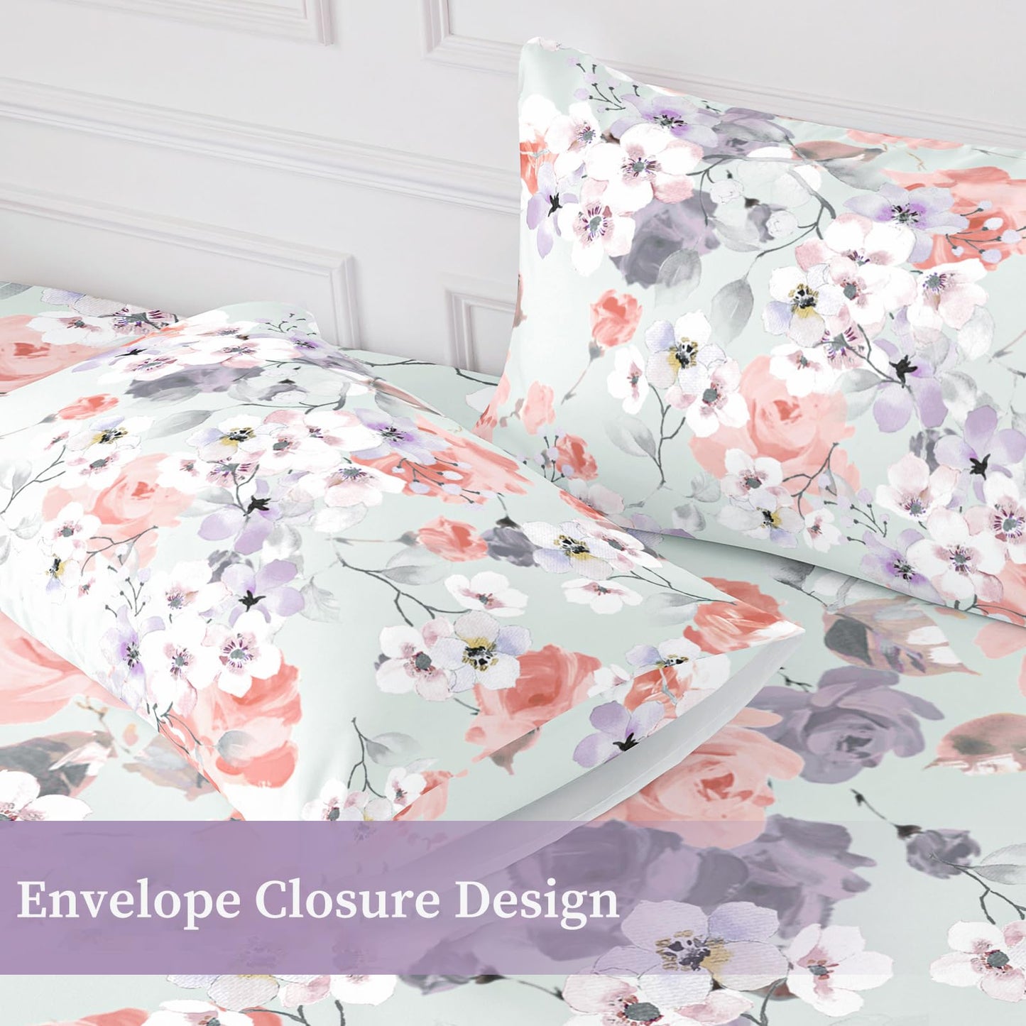 HCORA Floral Fitted Sheet with Pillow Cases, 100% Brushed Microfibre Deep Pocket Fitted Bottom Sheet, Ultra Soft, Shrinkage and Fade Resistant, Full Size
