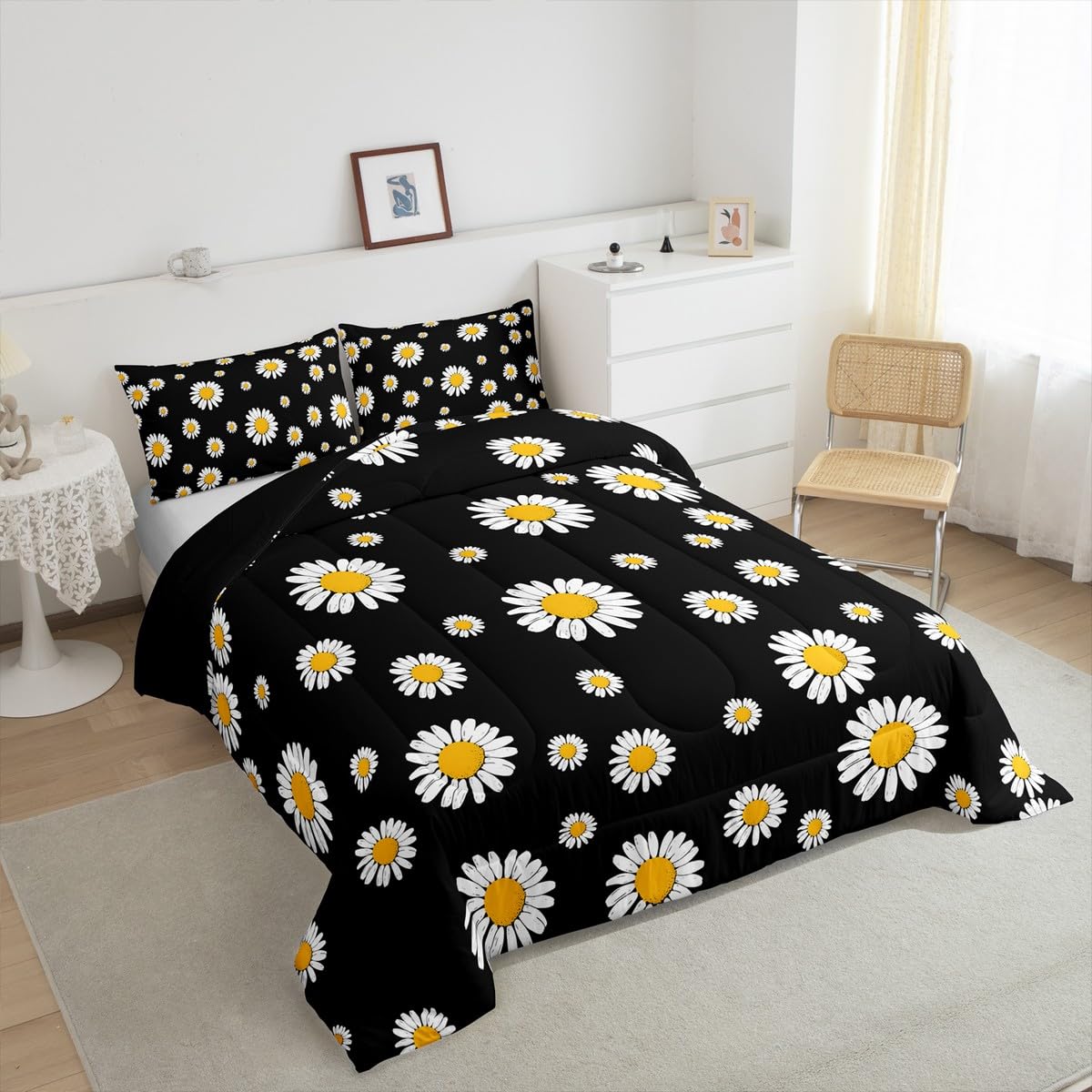 Erosebridal Daisy Comforter Sets Twin Size for Kids Girls Teens Women White Flower Down Comforter Rustic Floral Bedding Set Pastoral Country Style Duvet Sets with 1 Pillow Case Black