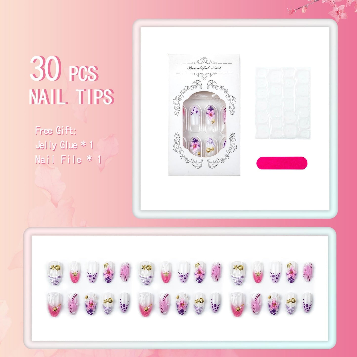 octoswave Press on Nails Almond Medium Length 3D Flower and Seashell Design Glossy Pink Purple Gradient Glue on Nails for Women Girls Summer Vacation Party 30 Pcs