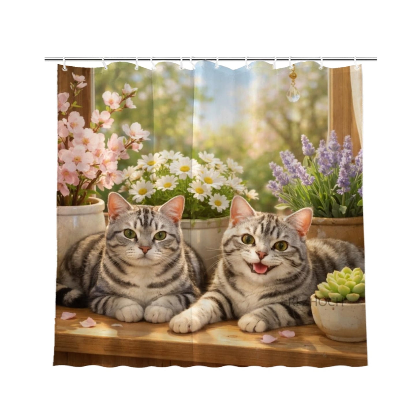 REZHOCH Fun American Shorthair Cat Shower Curtain 72x72Inch Cute Animals Home Bathroom Decor,Spring Summer Floral Window Scene Rustic Farmhouse Plants Soft Pastel Nature Waterproof Bath Set