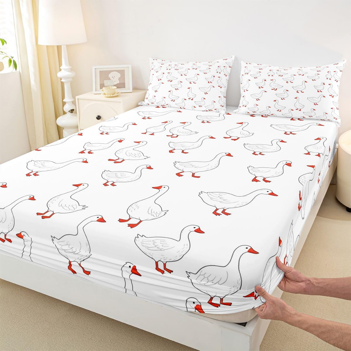 Erosebridal Cartoon Goose Bed Sheets Set Full Kawaii Animal Sheet Set Cute White Geese Sheets Cute Funny Flat Fitted Sheet