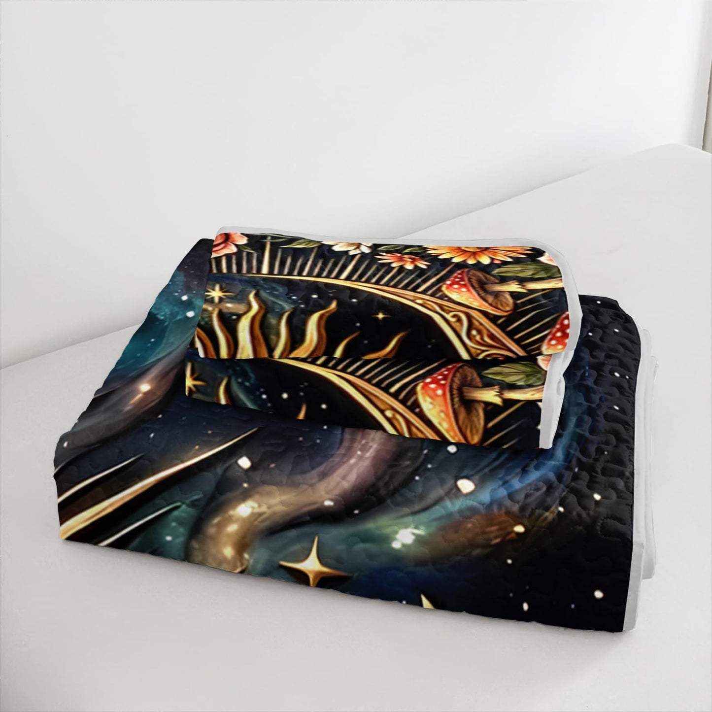 UEVBF Golden Sun and Moon Quilts Set Queen Size,3Pcs Fantasy Flowers and Mushrooms Bedspread for Kids Adults Girls Women Room Decor,Exotic Bohemian Style Bedding Sets with 2 Pillowcases.