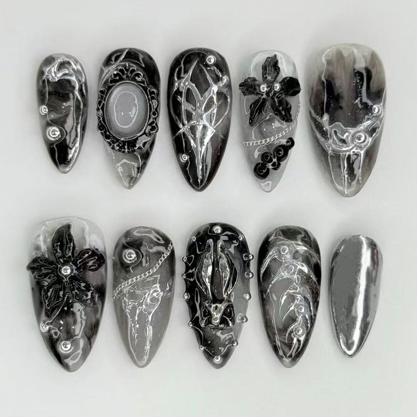 KZBTRBT Gothic Press on Nails Medium Almond, Black Silver Fake Nails with 3D Butterfly & Flowers Designs Y2k False Nail Dark Reusable Handmade Artificial Nails for Women, Halloween Punk Party