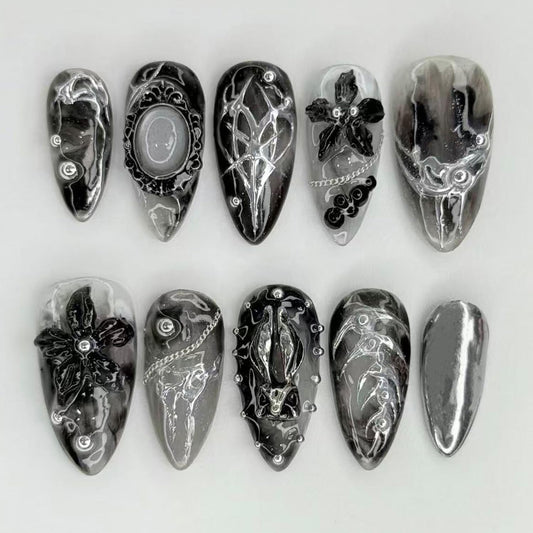 KZBTRBT Gothic Press on Nails Medium Almond, Black Silver Fake Nails with 3D Butterfly & Flowers Designs Y2k False Nail Dark Reusable Handmade Artificial Nails for Women, Halloween Punk Party
