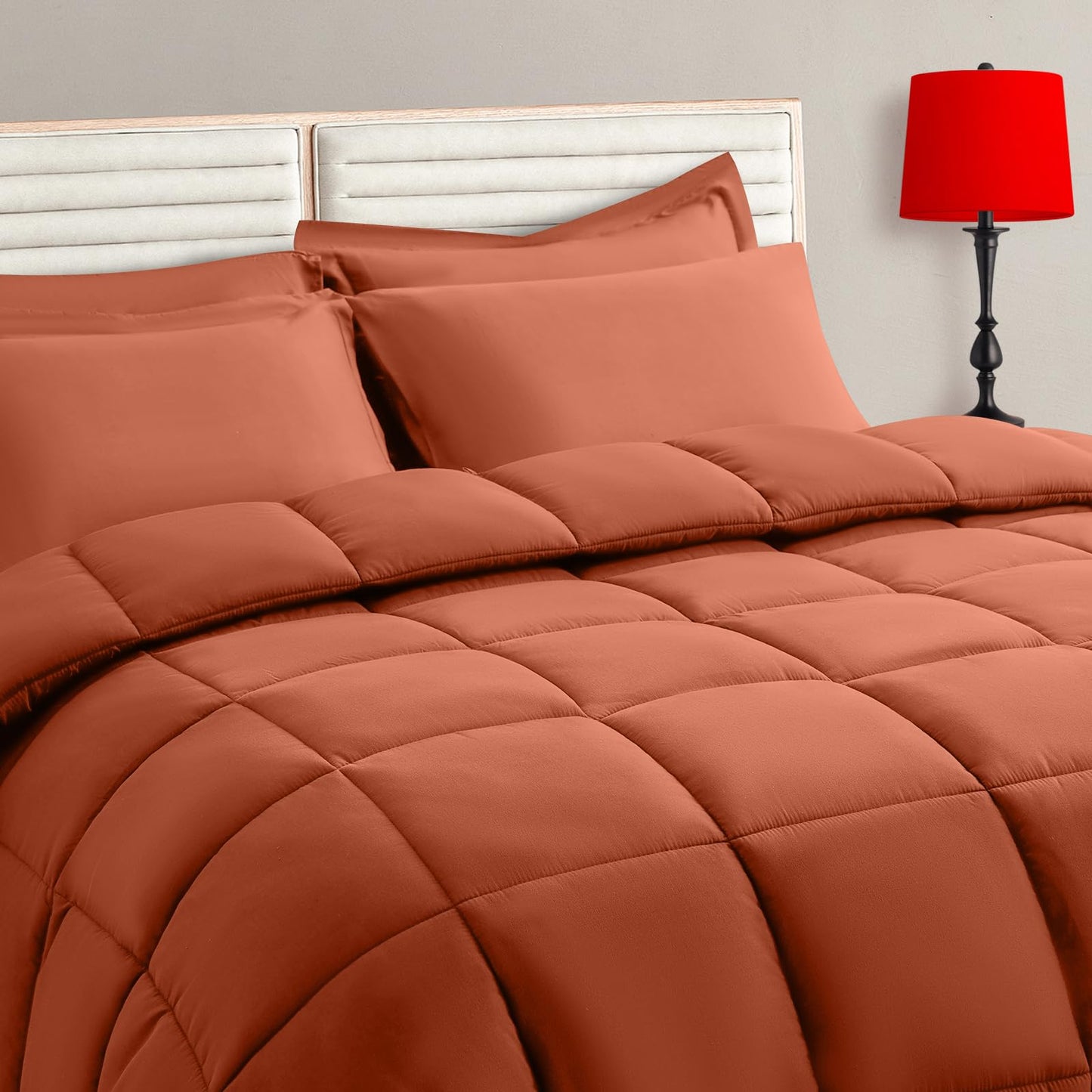 TAIMIT Burnt Orange Full Size Comforter Set - 7 Pieces, Bed in a Bag Bedding Sets with All Season Soft Quilted Warm Fluffy Reversible Comforter,Flat Sheet,Fitted Sheet,2 Pillow Shams,2 Pillowcases