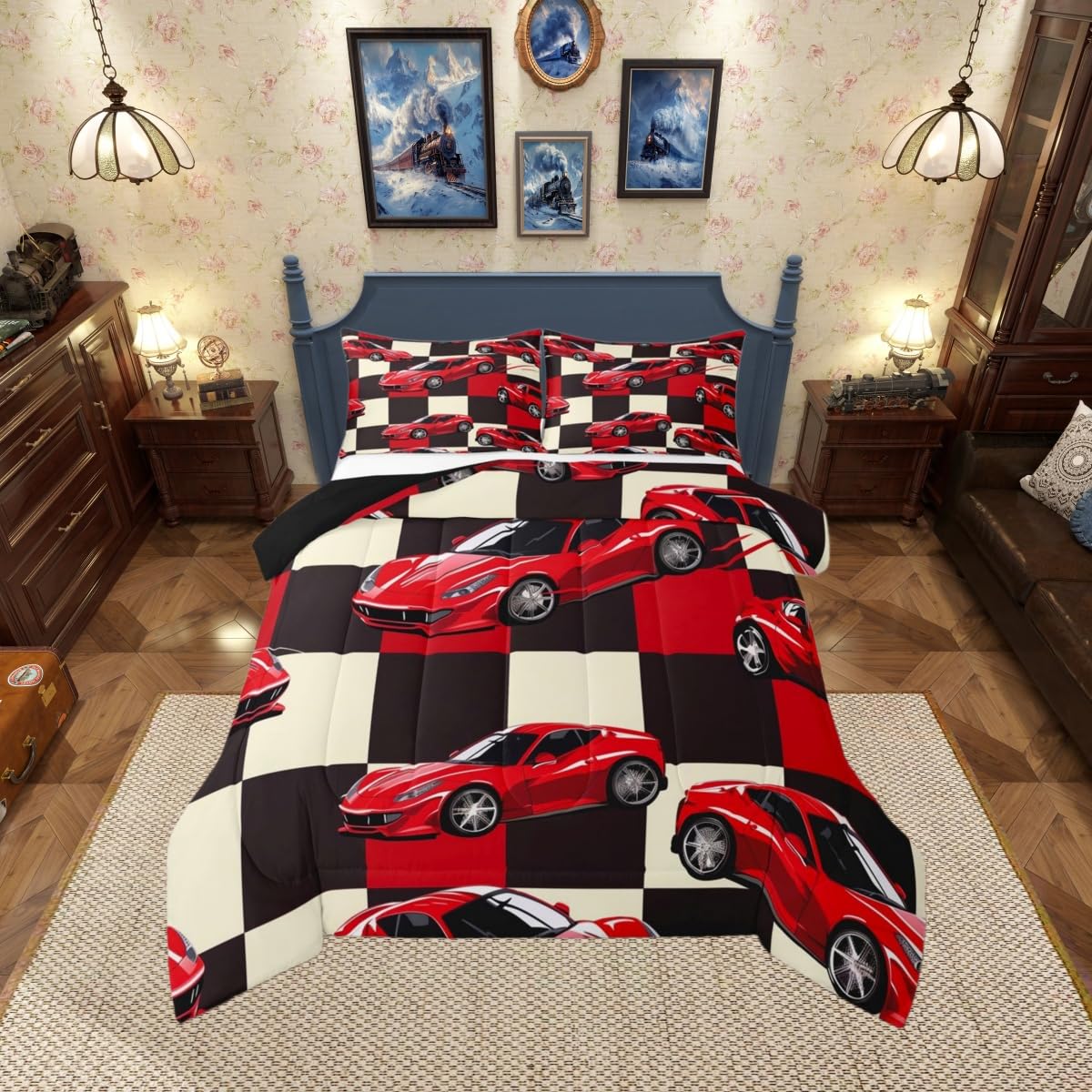 Erosebridal Red Racing Car Full Comforter Set for Boys, Cool Speed Race Car Bedding Set for Kids Youth Men Teens Room Decor, Extreme Sport Comforter, Grid Buffalo Quilt, 3 Piece