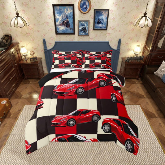 Erosebridal Red Racing Car Full Comforter Set for Boys, Cool Speed Race Car Bedding Set for Kids Youth Men Teens Room Decor, Extreme Sport Comforter, Grid Buffalo Quilt, 3 Piece
