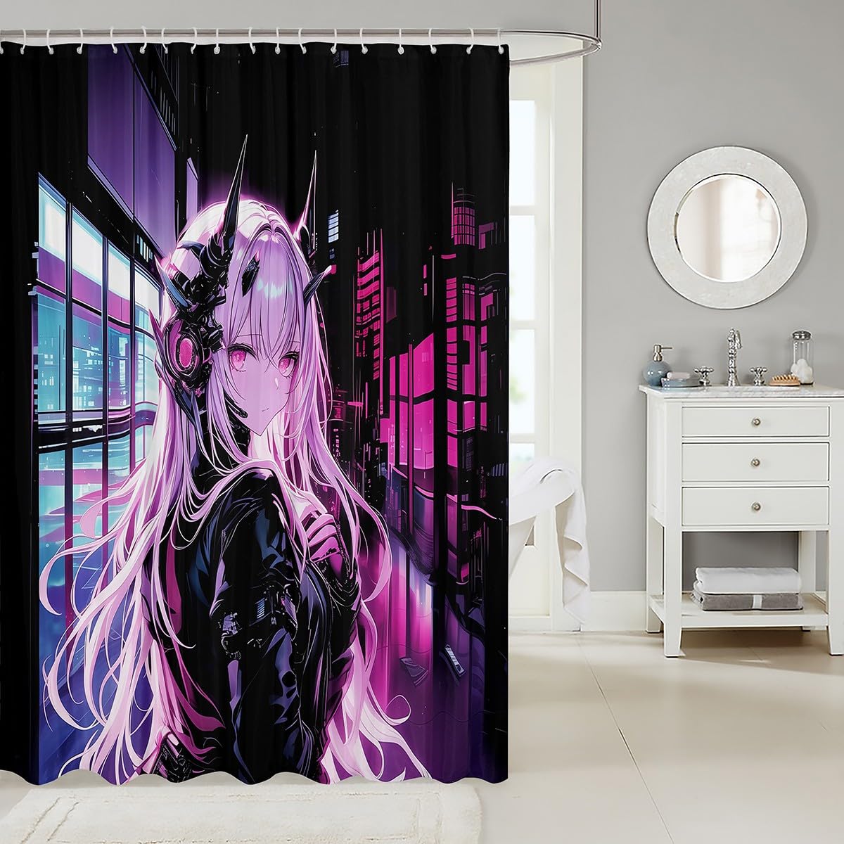 Erosebridal Japanese Anime Fabric Shower Curtain, Anime Girl Bathroom Accessories 72" W X 78" L Kawaii Japanese Style Shower Curtain Cartoon Japan Animation Waterproof Decor for Boys Bathroom