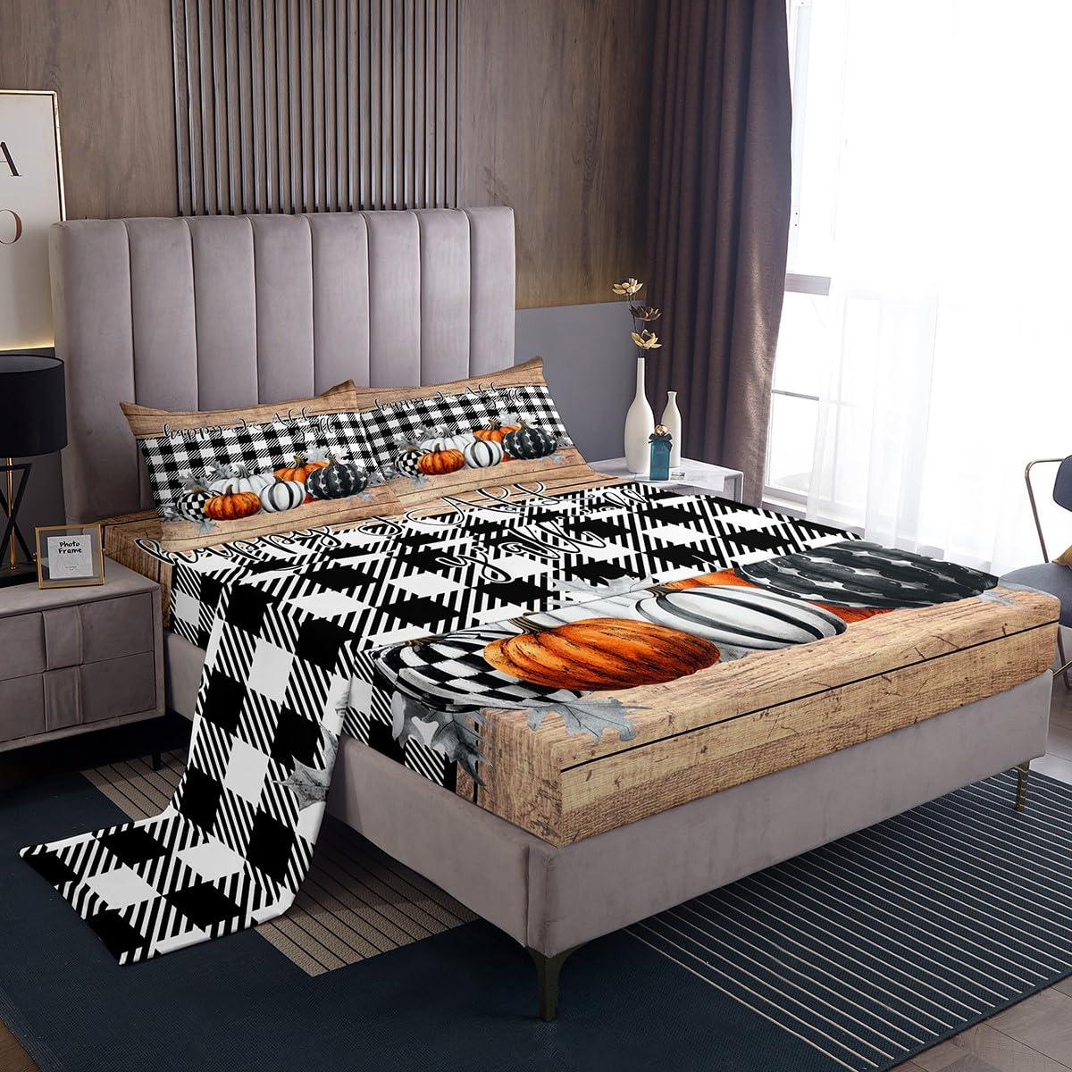 Fall Pumpkins Bed Sheets Queen Rustic Farmhouse Thanksgiving Theme Beddig Set Black White Buffalo Plaid Fitted Sheet Happy Autumn Fall Sheet Set Wooden Board Flat Sheet 2 Pillow Cases Home Room Decor