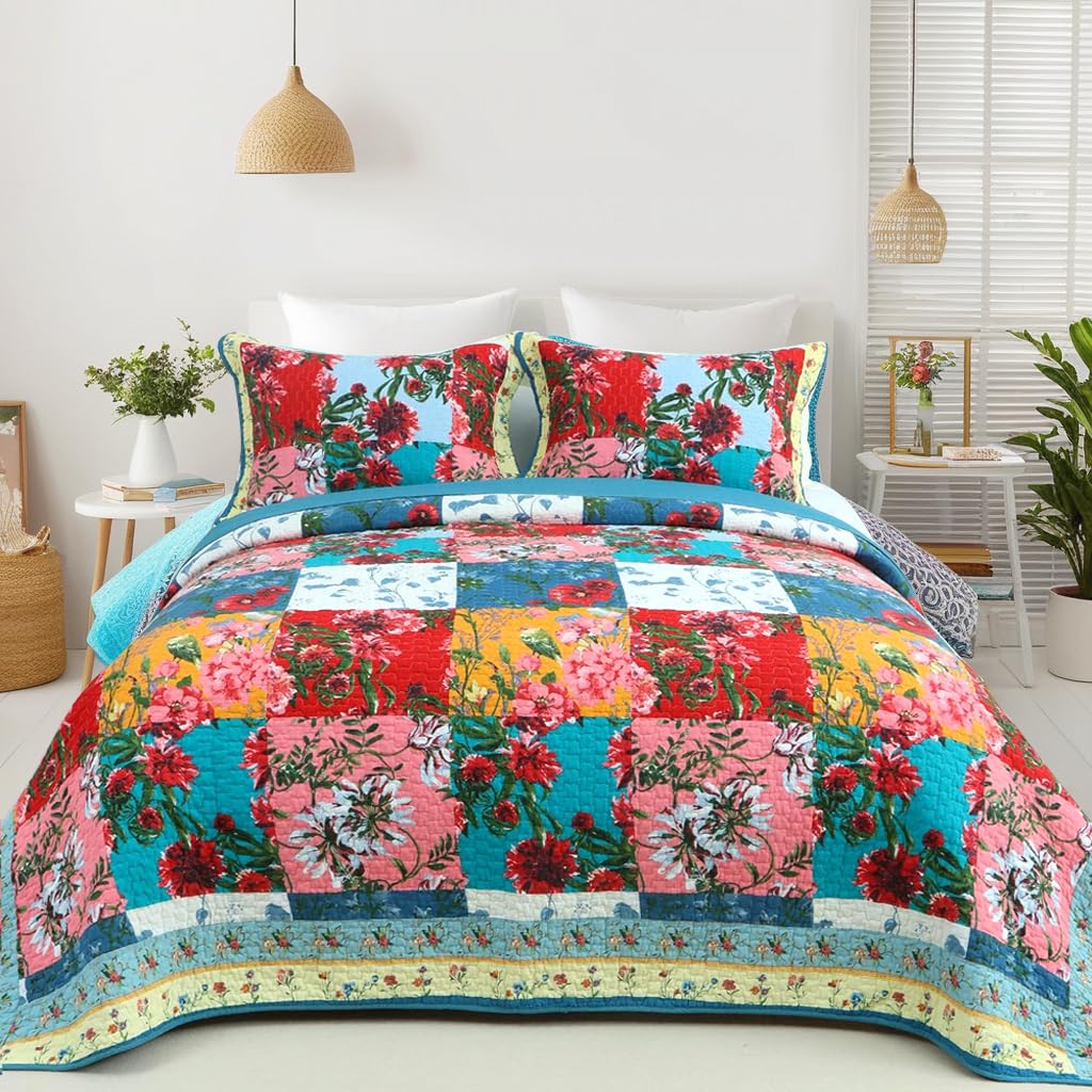 EVENHUG 100% Cotton Patchwork Quilt Queen Size Set Lightweight Floral Queen Quilts Bedding Set Bedspread Coverlet Reversible Bed Cover with Pillow Shams for All Seasons 3 Pieces (92"X96")