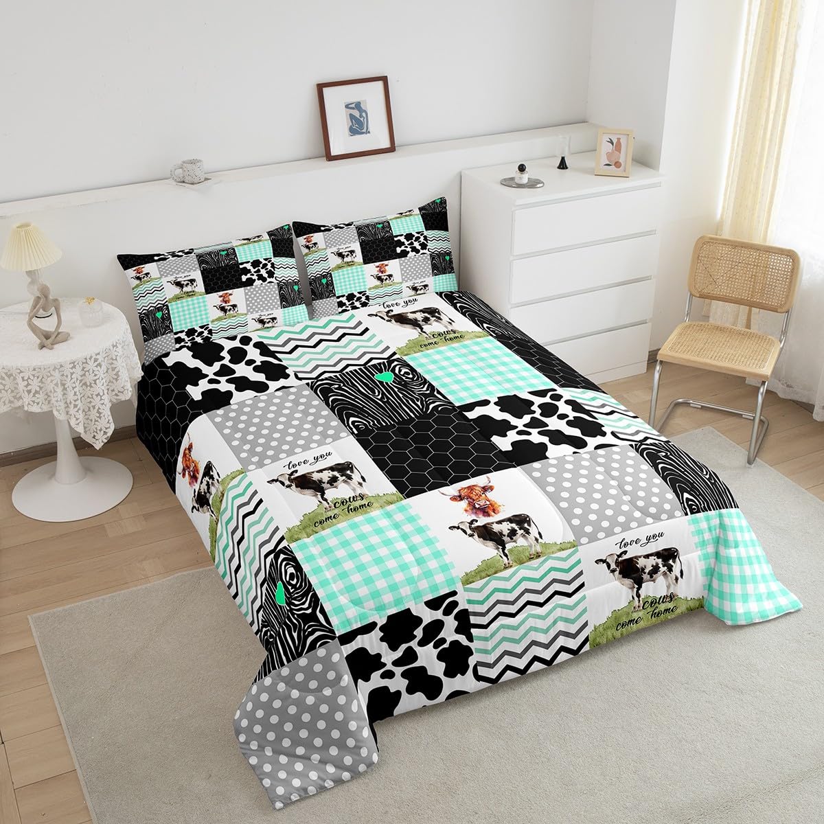 Erosebridal Cute Cow Print Comforter Set Queen Size Kawaii Highland Cow Bedding Set Bedroom Decor Honeycomb Plaid Pattern Geometric Stripes Down Comforter Farm Animals Duvet Set, Green Black Grey