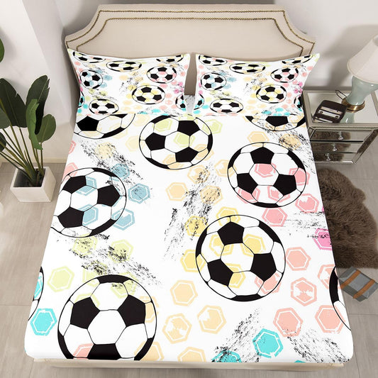 Kids Football Bedding Set Sports Theme Fitted Sheet for Child Boys Girls Soccer Ball Pattern Bed Sheet Set Breathable Colorful Grunge Style Bed Cover Room Decor Twin Size