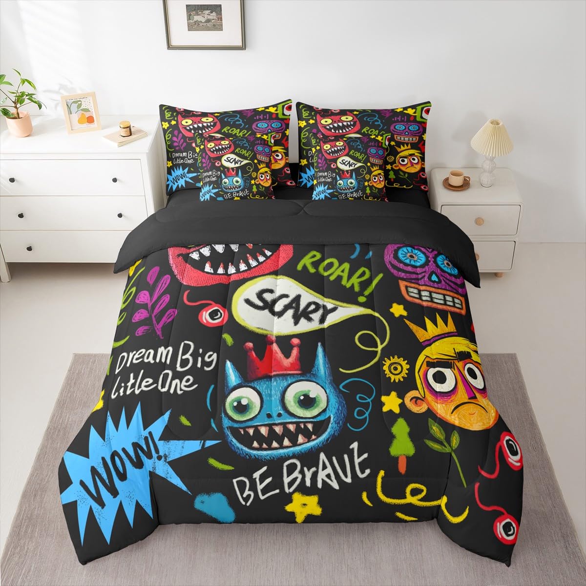 jejeloiu Hippie Graffiti Style Comforter Set Twin Size 7 Pieces Hip Hop Decor Bedding Set for Kids Boys Girls Street Culture Bed in a Bag Bedroom Decor All Season Quilted Breathable Soft Lightweight