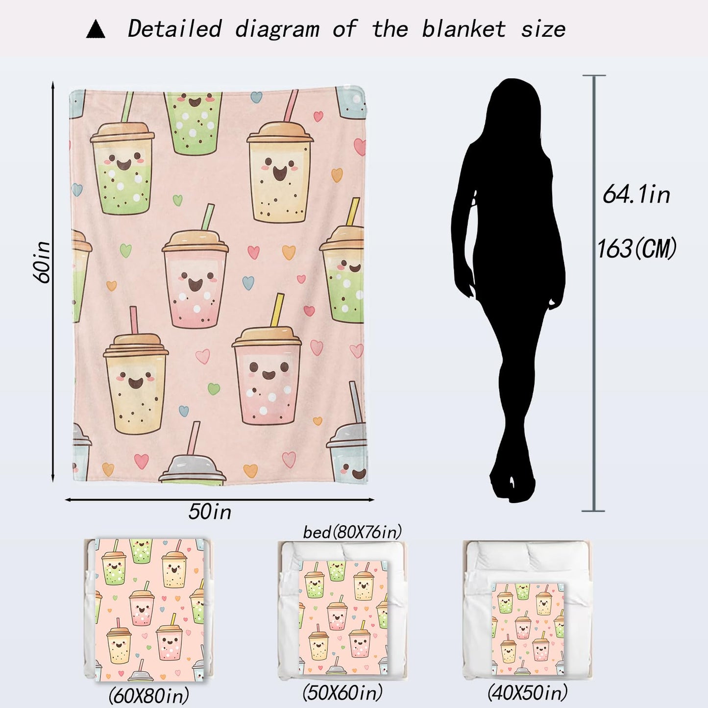 ainori Bubble Tea Blanket - Cute Smiling Faces and Hearts Pink Fleece Throw,Gifts for Kids Adult, Soft & Warm,Lightweight, for Whimsical Modern Decor, Bobas Lovers, and Room Home Accents 50x60in