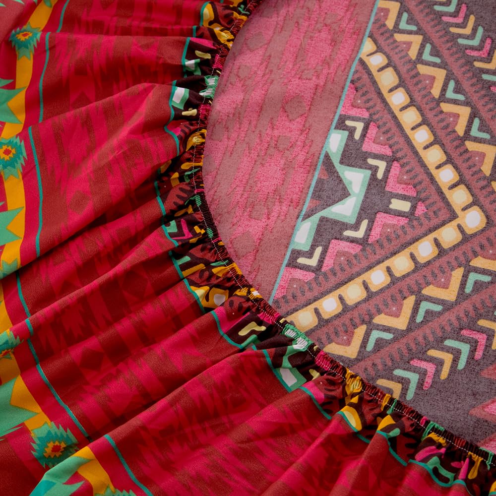 NATURETY Bohemian Style Bedding Fitted Sheet with Deep Pocket,Red Colorful Boho Pattern Printed Fabric Bed Sheets (Multicolor, Queen)