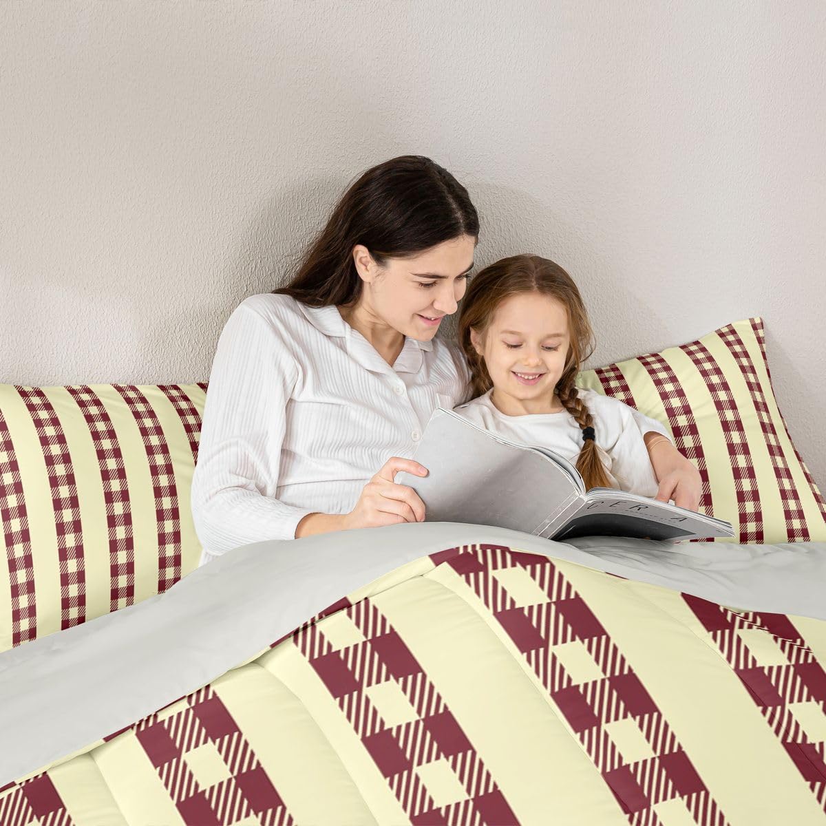 jejeloiu Red Brown Plaid Comforter Set All Season Stripes Bedding Set with 2 Pillow Cases Check Checkered Microfiber Kids Queen Bedclothes Grid Geometric Bedroom Decor Duvet Quilt Breathable Soft