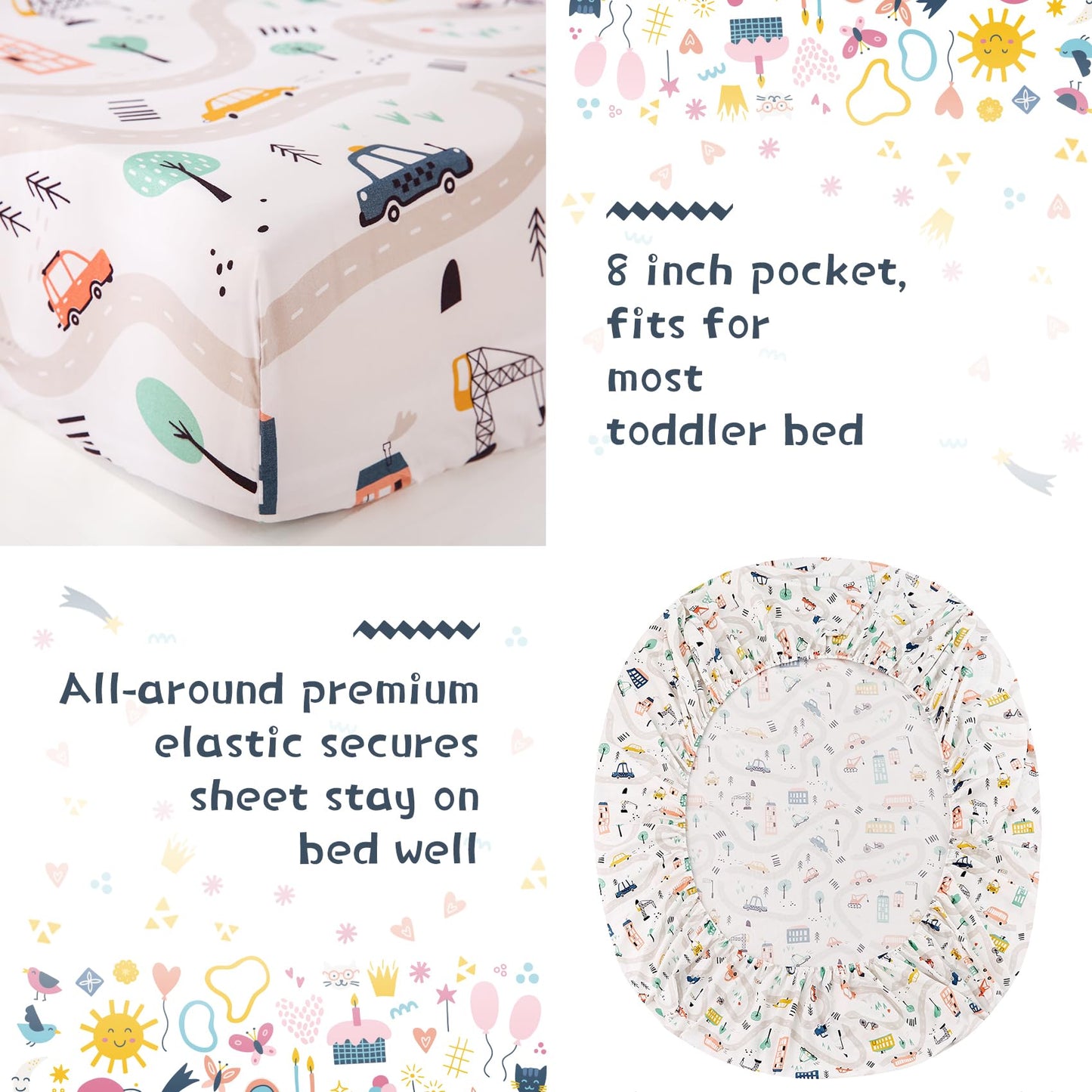 JSD Car Toddler Bedding Set, 4 Piece Bed-in-a-Bag Toddler Microfiber Comforter Sheet Set, All Season Machine Washable