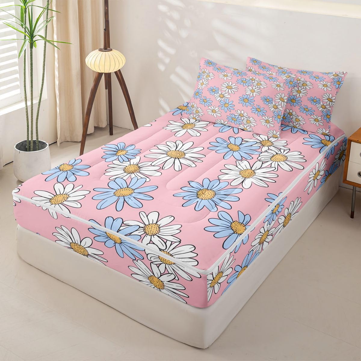 Feelyou Pink Floral Zipper Bedding Sets for Kids Boys Girls Cartoon Cute Daisy Flower Queen Comforter Set with Fitted Sheet Botanical Aesthetic Bedroom Decor Microfiber with 2 Pillow Cases