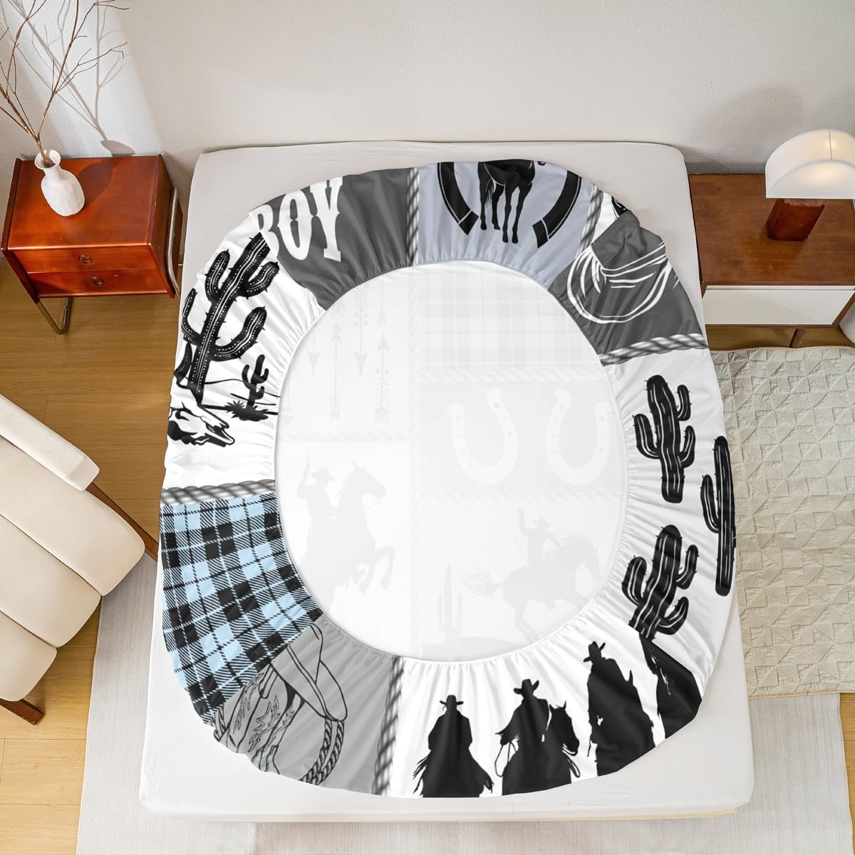 Western Cowboy Kids Fitted Sheet Full Size,Horseshoes Cactus Rustic Farmhouse Bedding Set,Boys Girls Adults Room Decor,Arrow Geometric Plaids Bed Cover,Blue Retro Bed Sheet,2 Pillowcases