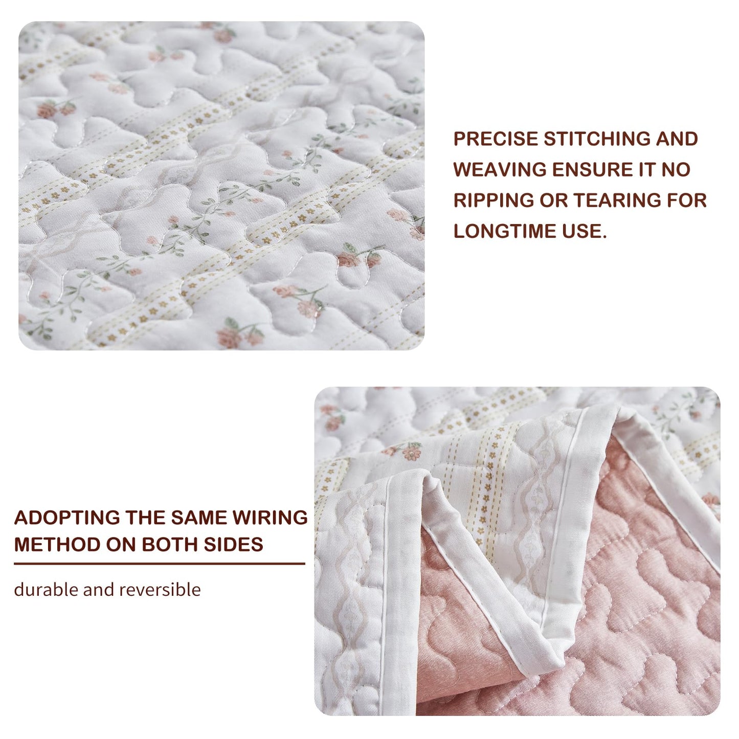 Joyreap 3 Pieces Cotton Quilt Set for Girls, Queen Size Pink Flower Stripes Boho Design for Girls, Cozy Lightweight Quilt Bedspread Bed Cover for All Season- 90x90 inches