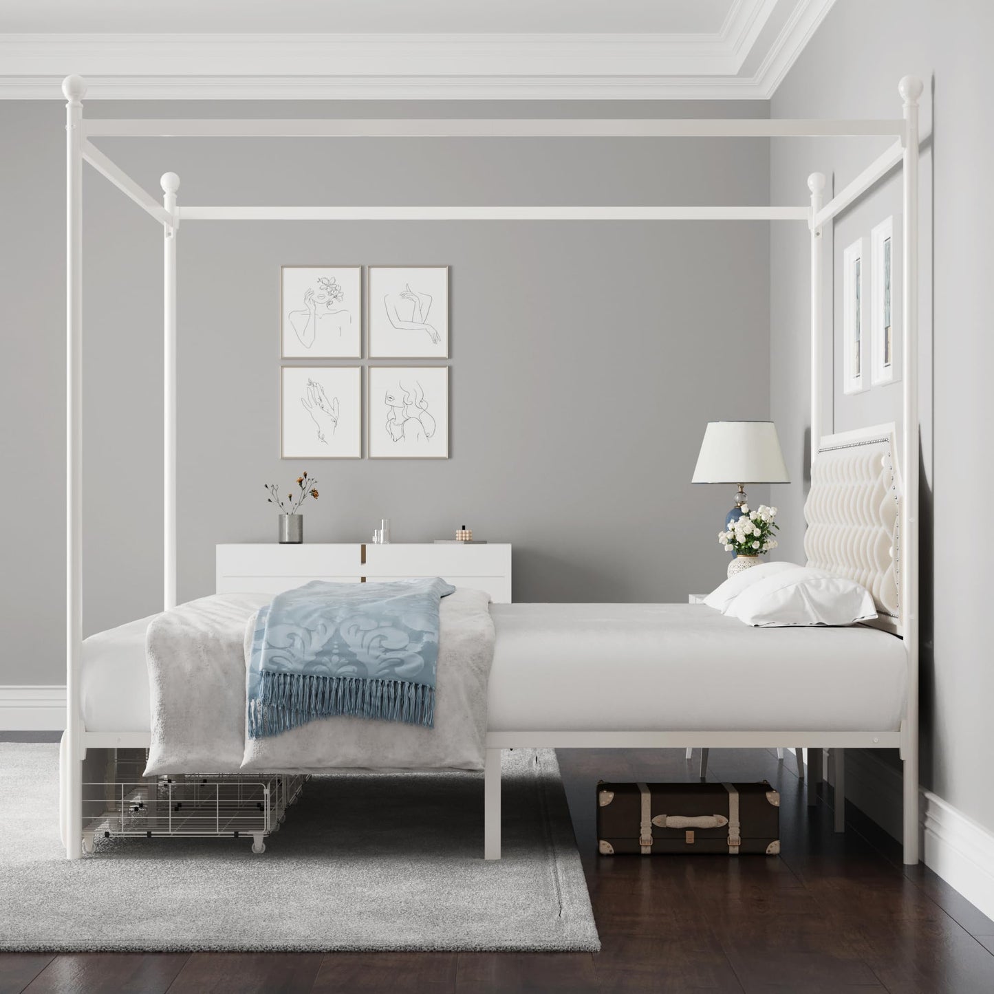 Keyluv Full Upholstered Canopy Bed Frame with 2 Storage Drawers & Button Tufted Headboard, Metal Platform Bed with 4 Removable Posts, Two-Purpose Velvet Bed, Beige/Curtain Not Included