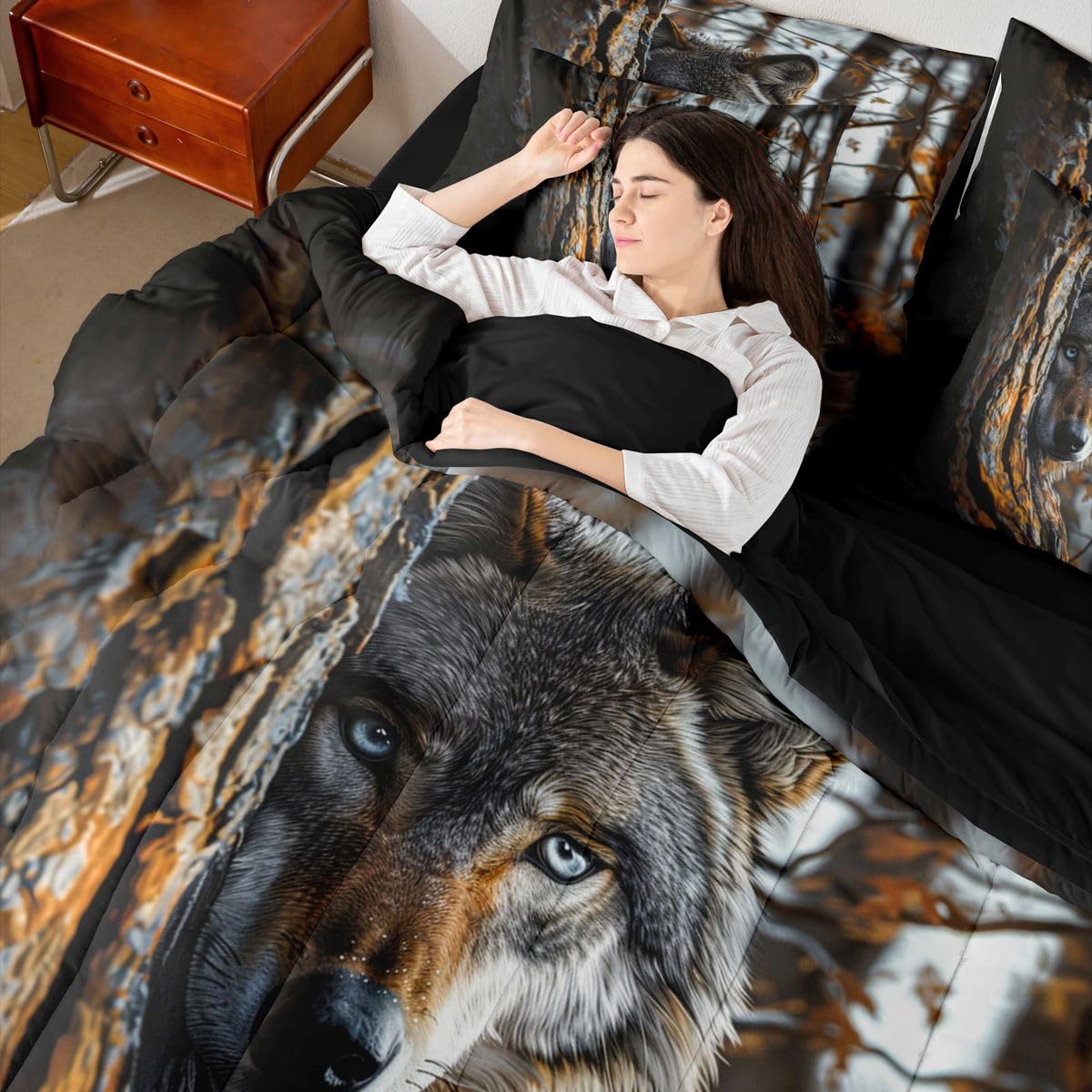 Feelyou Wolf Comforter Set with Sheets 7 Piece Queen Size Wolves Howling Bed in a Bag Kids Boys Girls Western Farmhouse Bedding Set Wild Animal Bedroom Decor Breathable Soft Microfiber