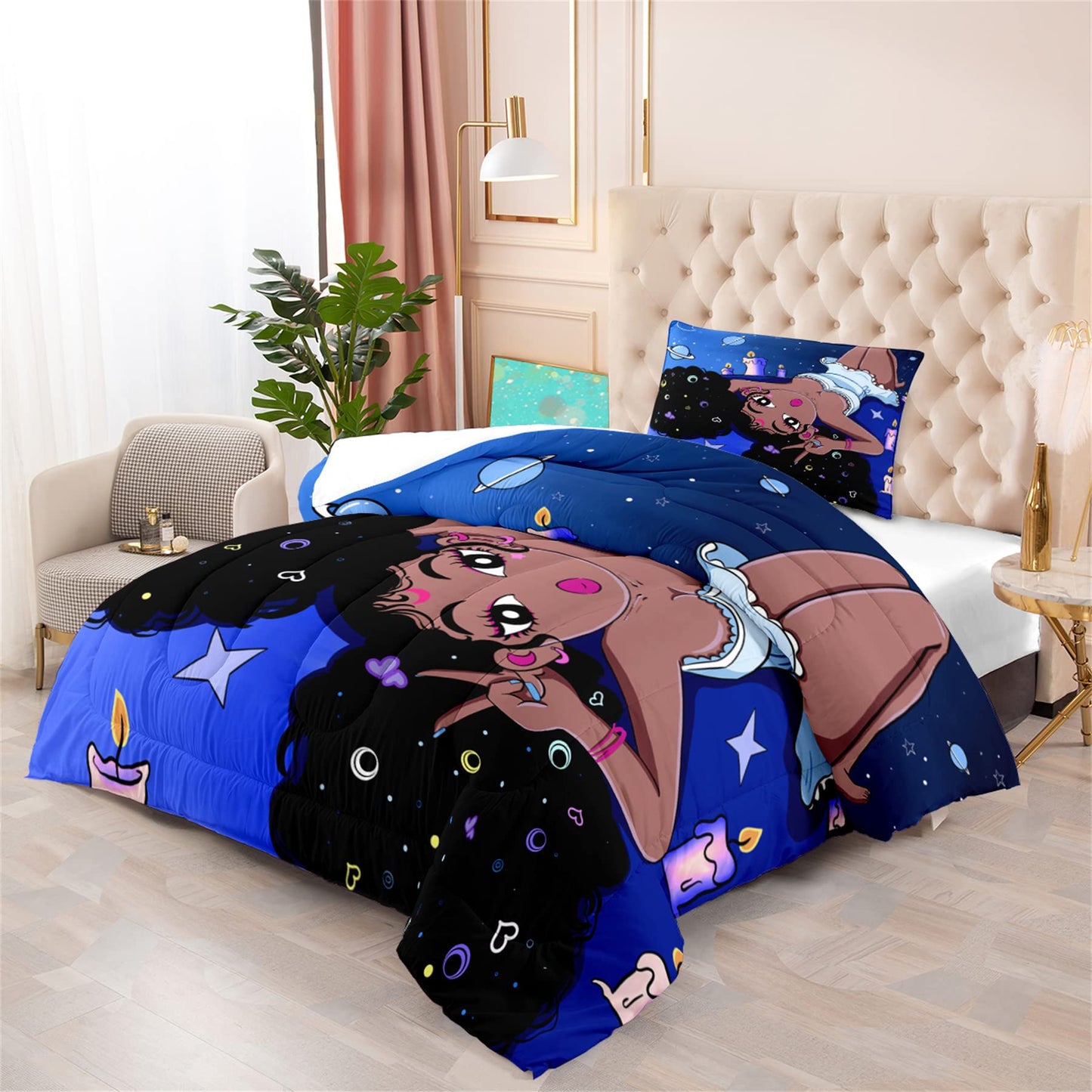 CAFCIOYG African Black Girls Comforter Set Twin African American Black Girls Bedding Set for Bedding Bedroom, All Seasons, 1 Comforter with 1 Pillowcase