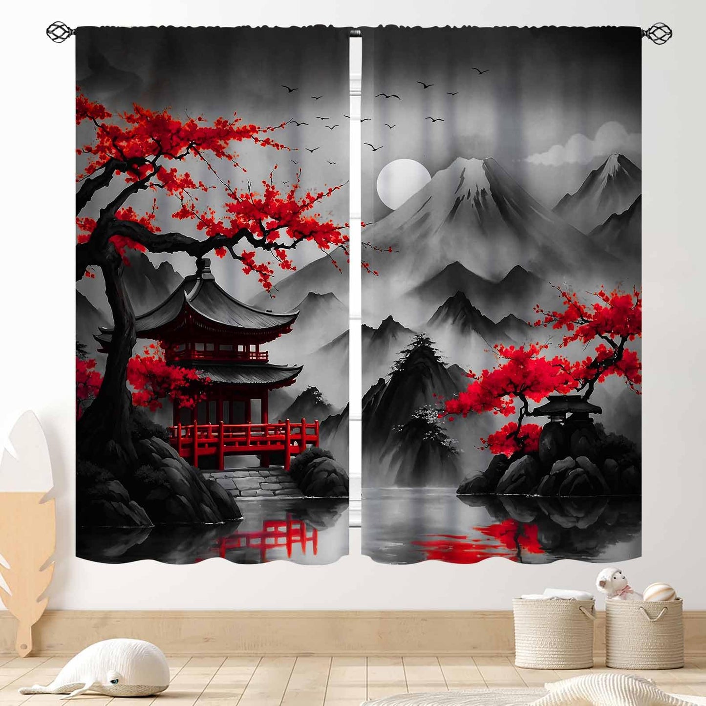 Cherry Blossoms Curtains, Japanese Traditional Ink Painting Red Floral Plum Blossom Asian Oriental Nature Mountains Landscape Window Drapes Treatments for Bedroom Living Room Kitchen, 42"x45" Inch