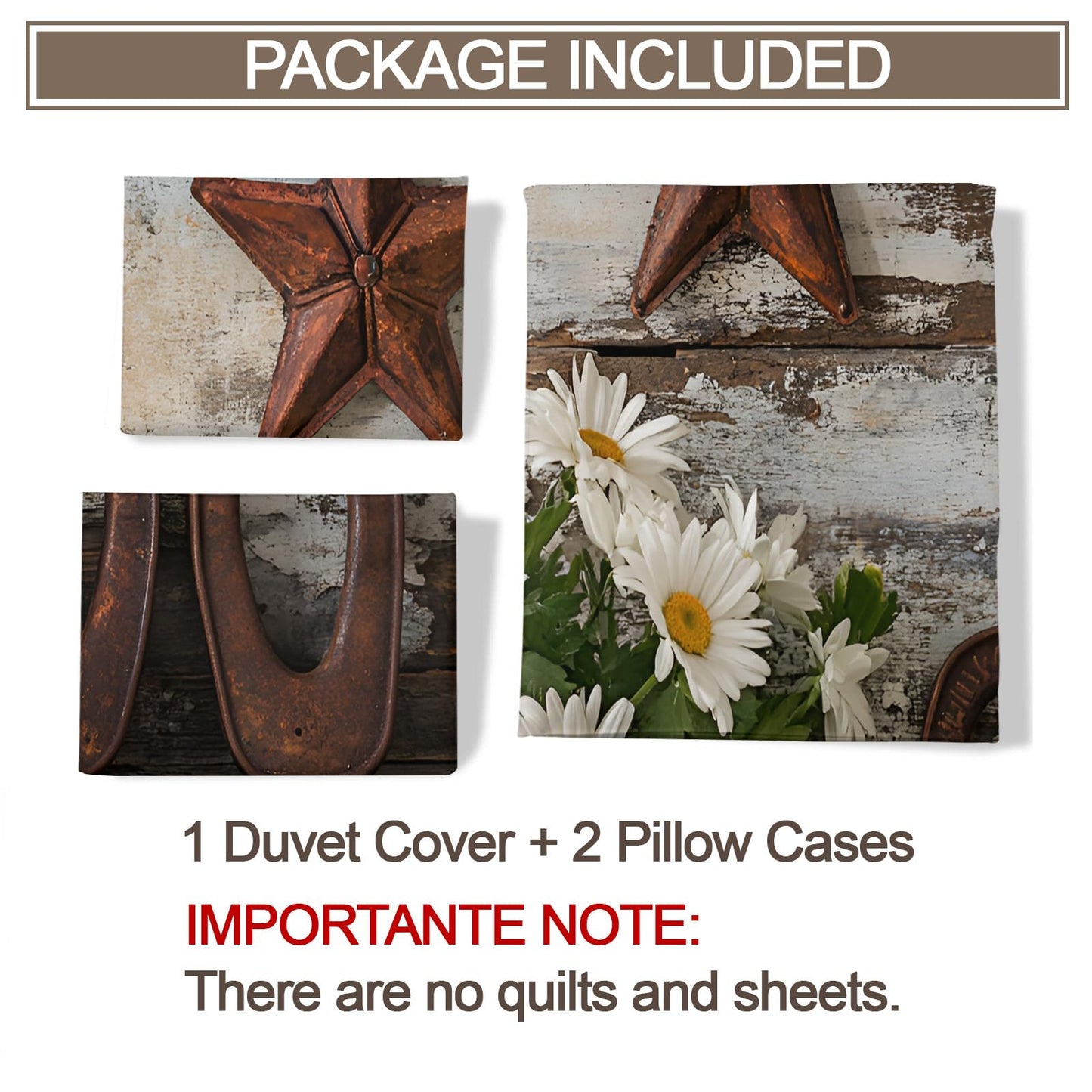 GKPLY Rustic Daisies Bedding Duvet Cover, Farmhouse Star Comforter Set with Zipper, Vintage Floral Duvet Cover Queen, 3 Pieces Countryside Bedding, 2 Pillowcases