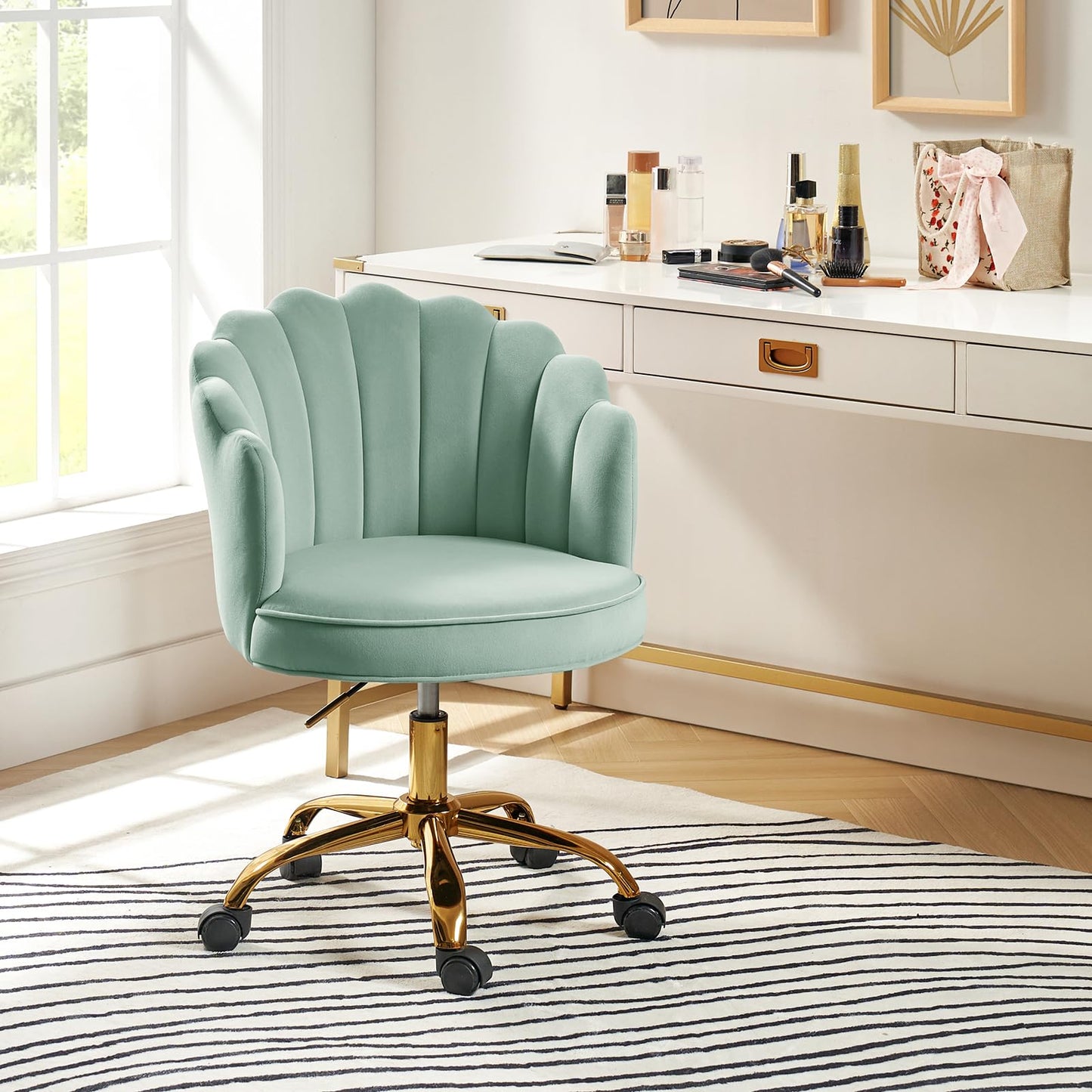 HULALA HOME Velvet Home Office Chair with Gold Base, Womans Modern Cute Shell Back Upholstered Desk Chair for Vanity, Adjustable Swivel Task Chair for Living Room, Sage